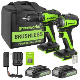 24V Brushless 1/2” Drill / Driver, 1/4” Hex Impact Driver, 8 pcs Bit Set & Bag Kit w/ (2) 2Ah Batteries & Charger