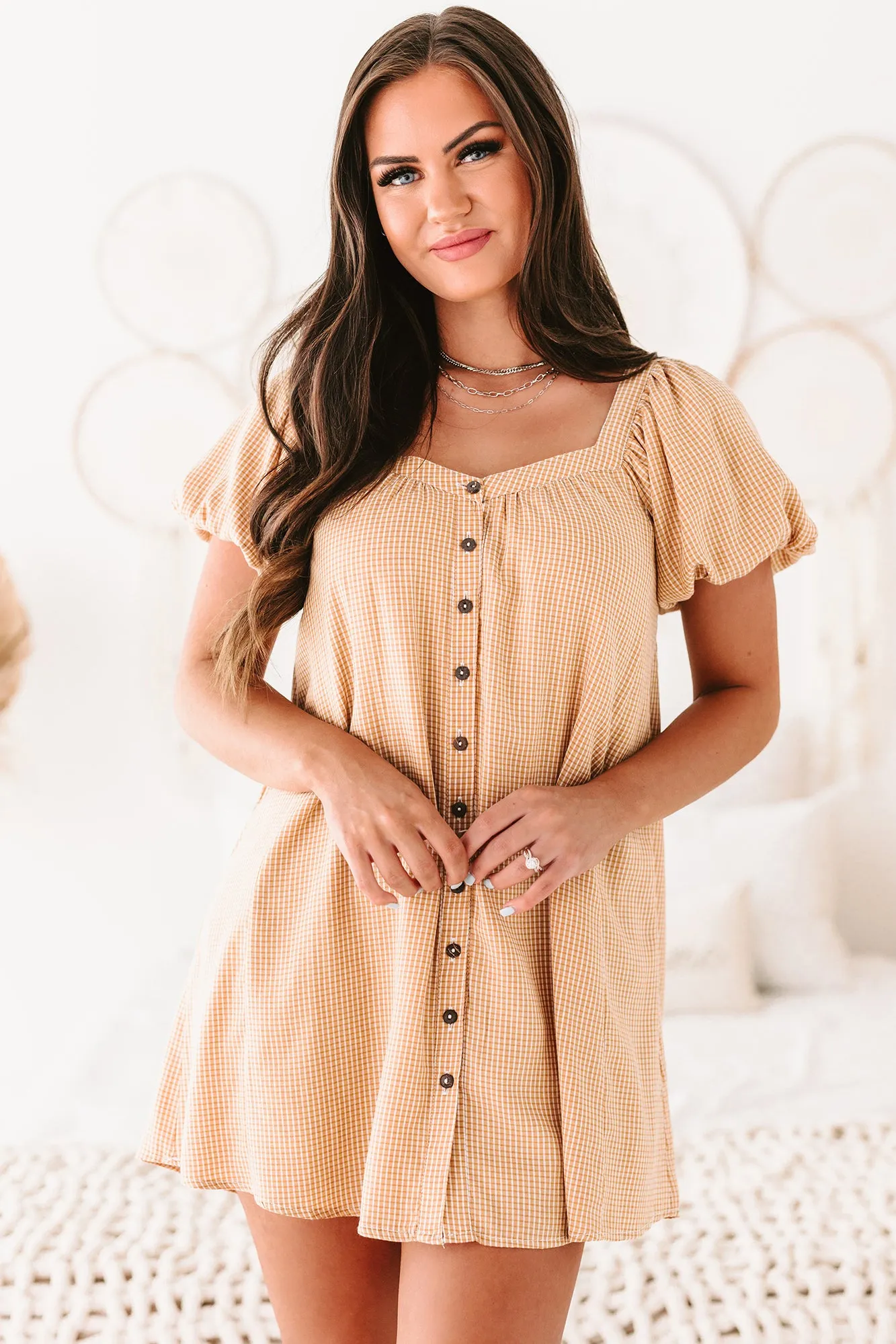 Afternoon Air Puff Sleeve Button-Front Mini Dress (Mustard)