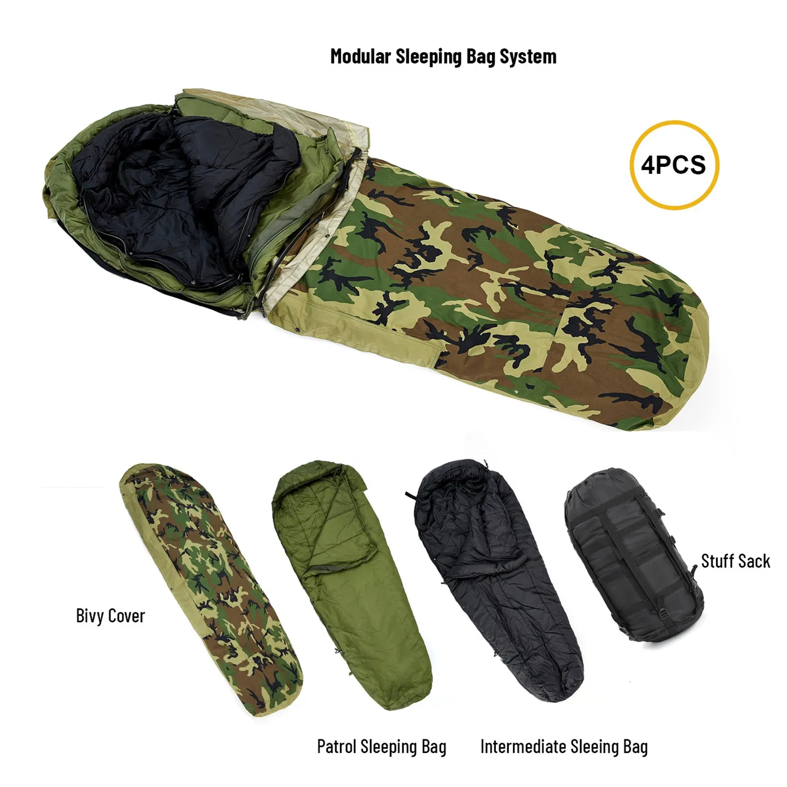 Akmax Modular Sleeping Bags System, Multi Layered with Bivy Cover for All Season Woodland