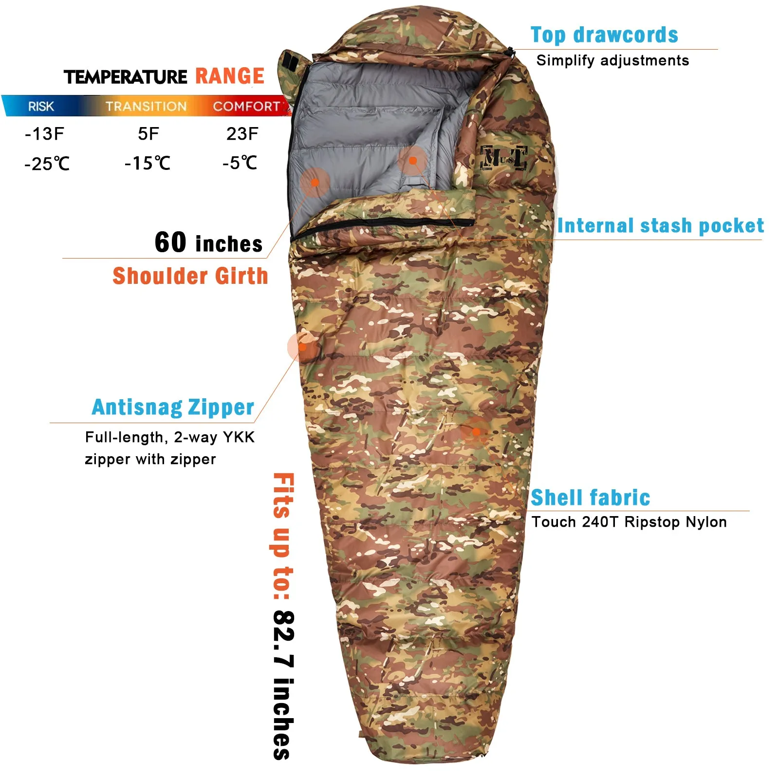 Akmax Sleeping Bag for Cold Weather Multicam