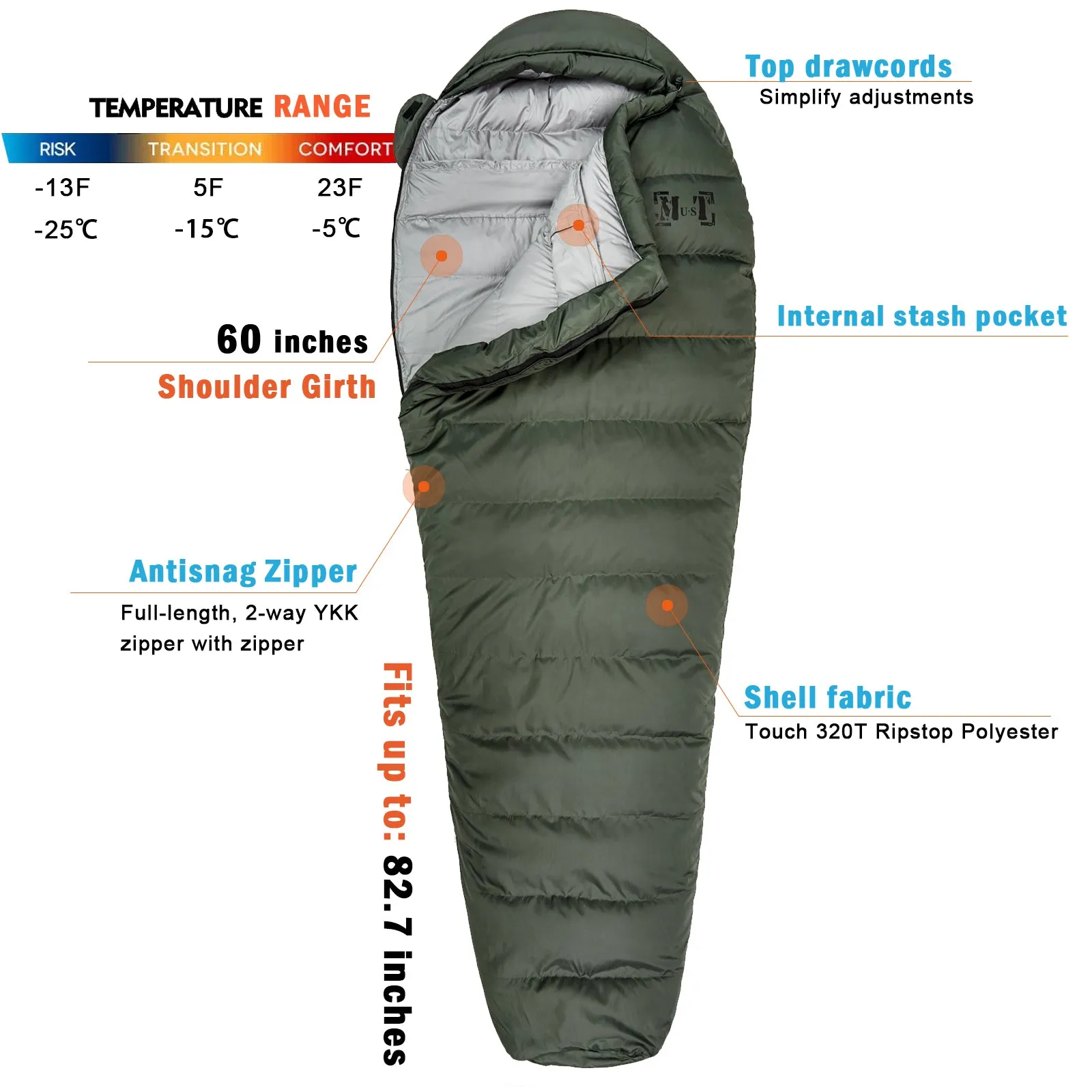 Akmax Sleeping Bag for Cold Weather Olive Drab