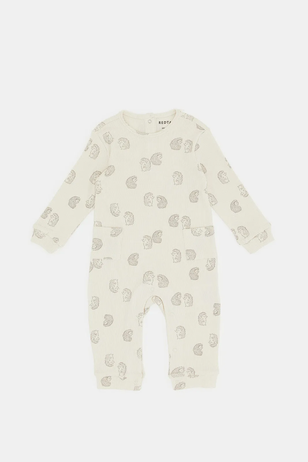 Babies Ecru Printed Romper With Side Pockets