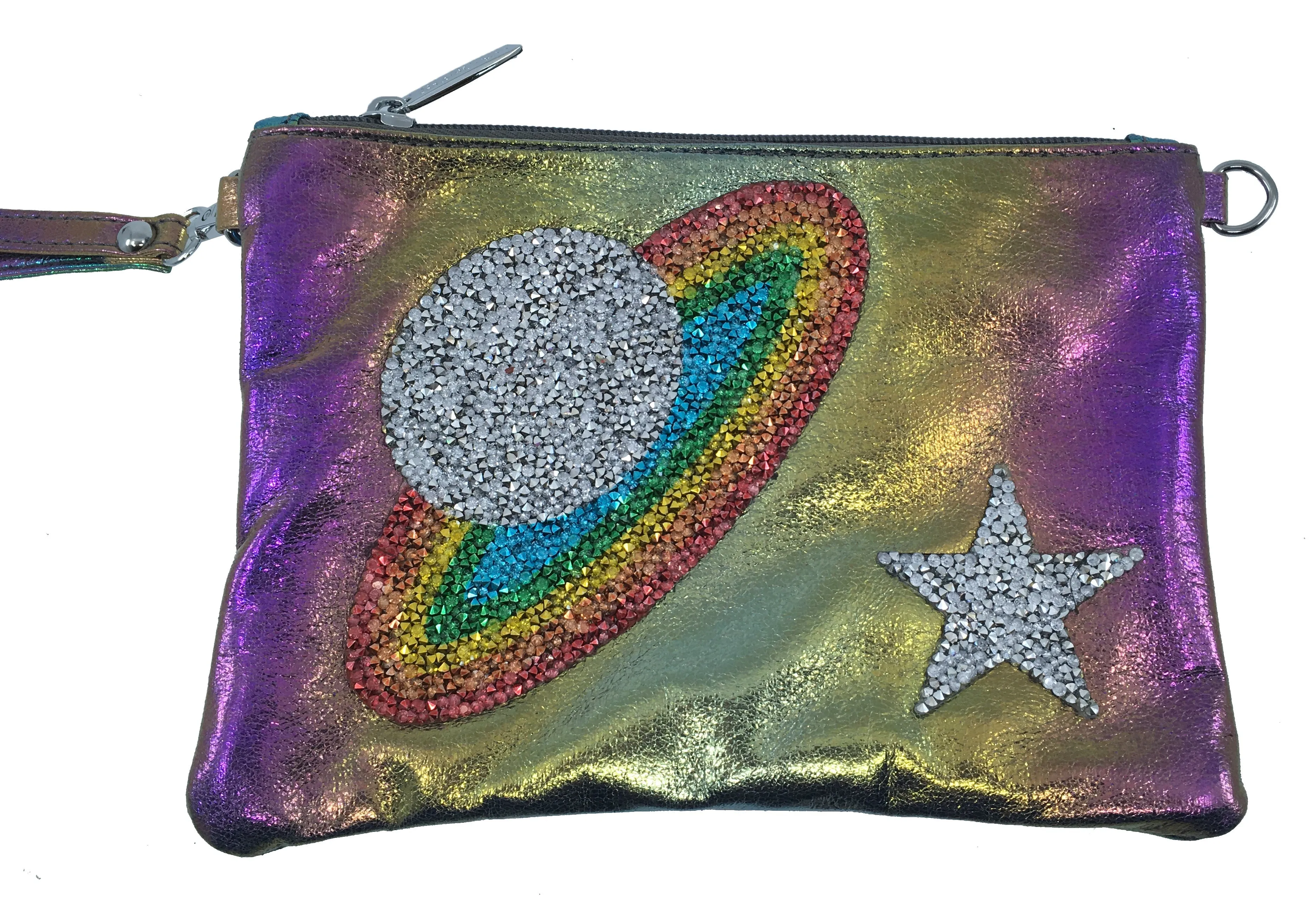 Bari Lynn Girl's Galaxy Iridescent Purple Wristlet Clutch and Chain Handbag