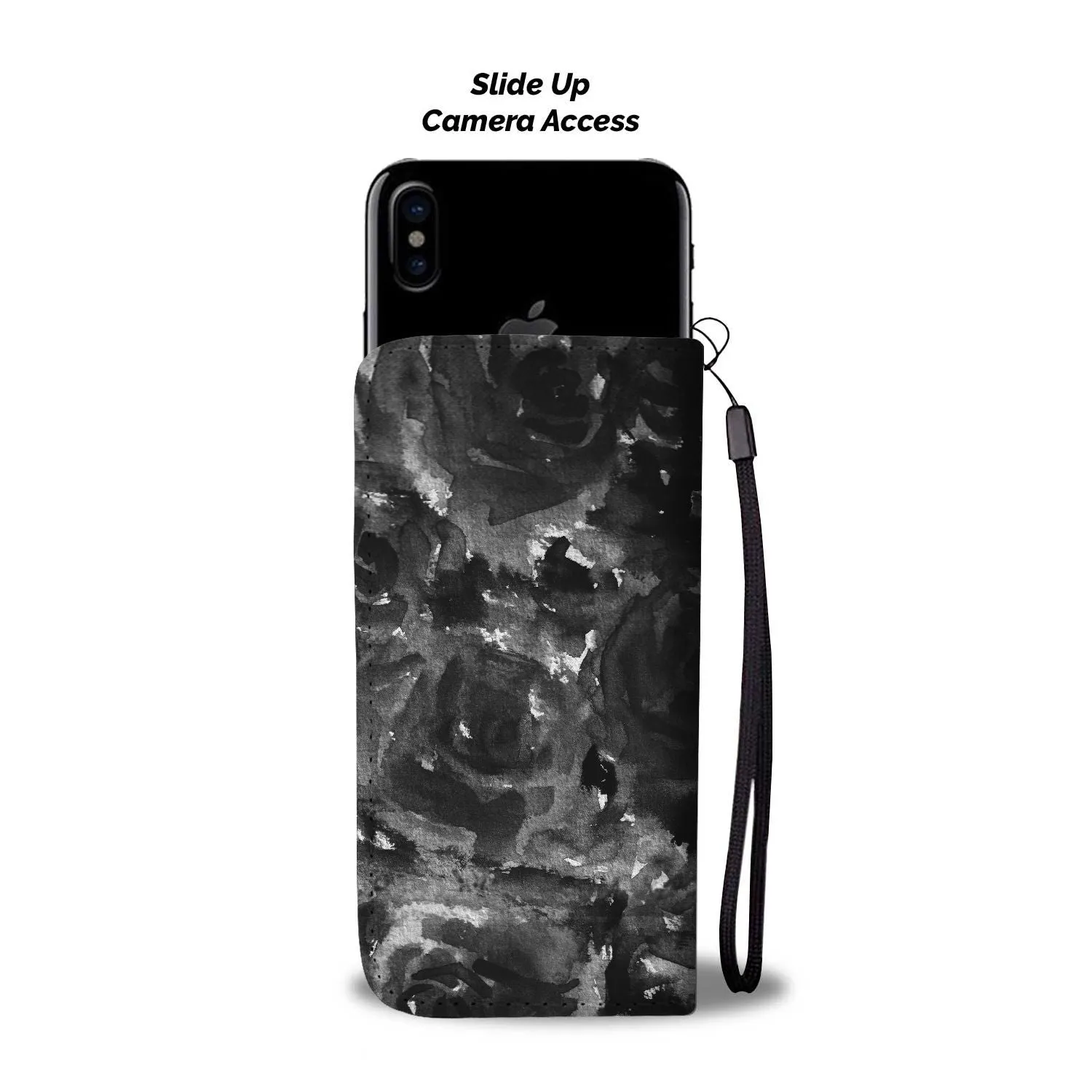 Black Abstract Wallet Phone Case, Cool Girlie Floral Print Black Zombie Rose Designer Wallet Phone Case