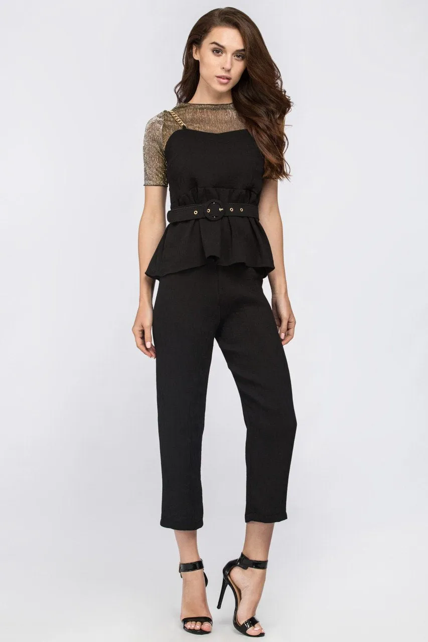 Black Metal Three Piece Peplum Jumpsuit with belt