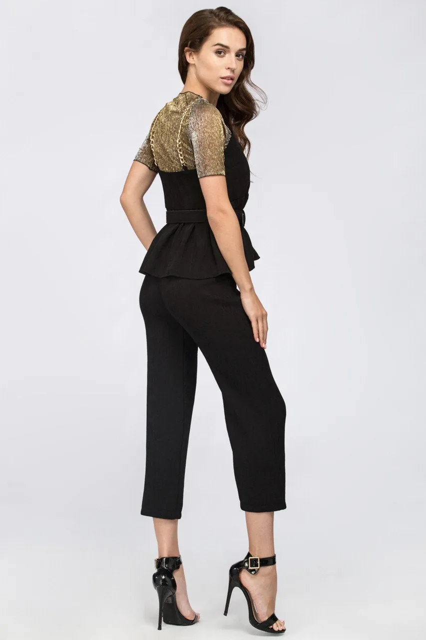 Black Metal Three Piece Peplum Jumpsuit with belt