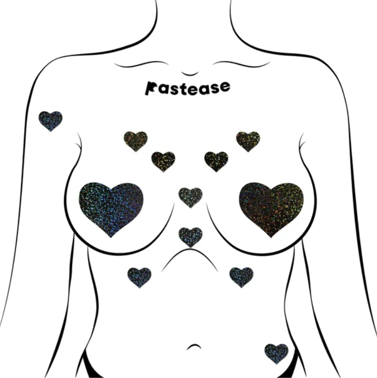 Body Minis: 10 Mini Black Glitter Hearts Nipple & Body Pasties