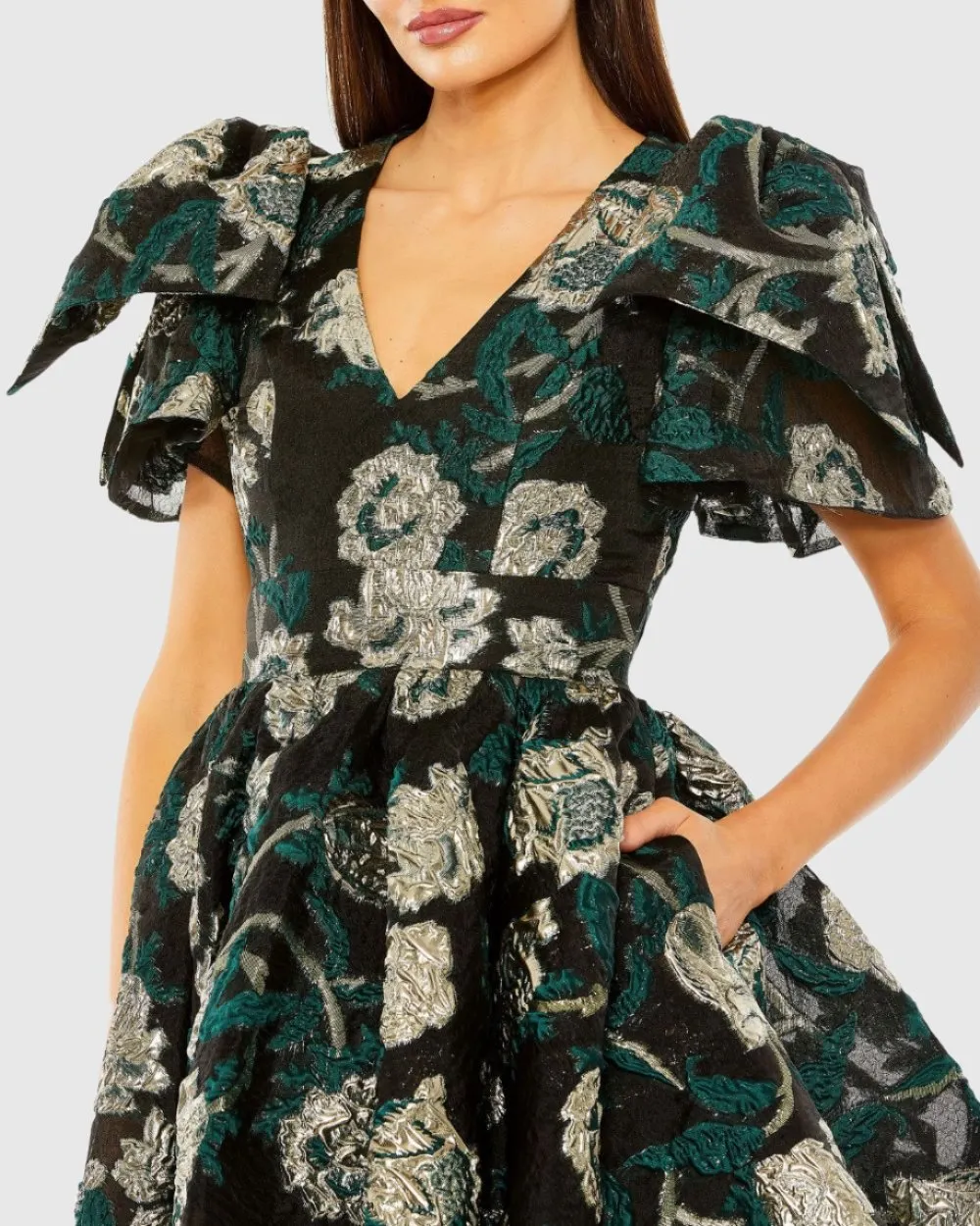 Bow Shoulders Brocade V-Neck Mini Dress with Pockets