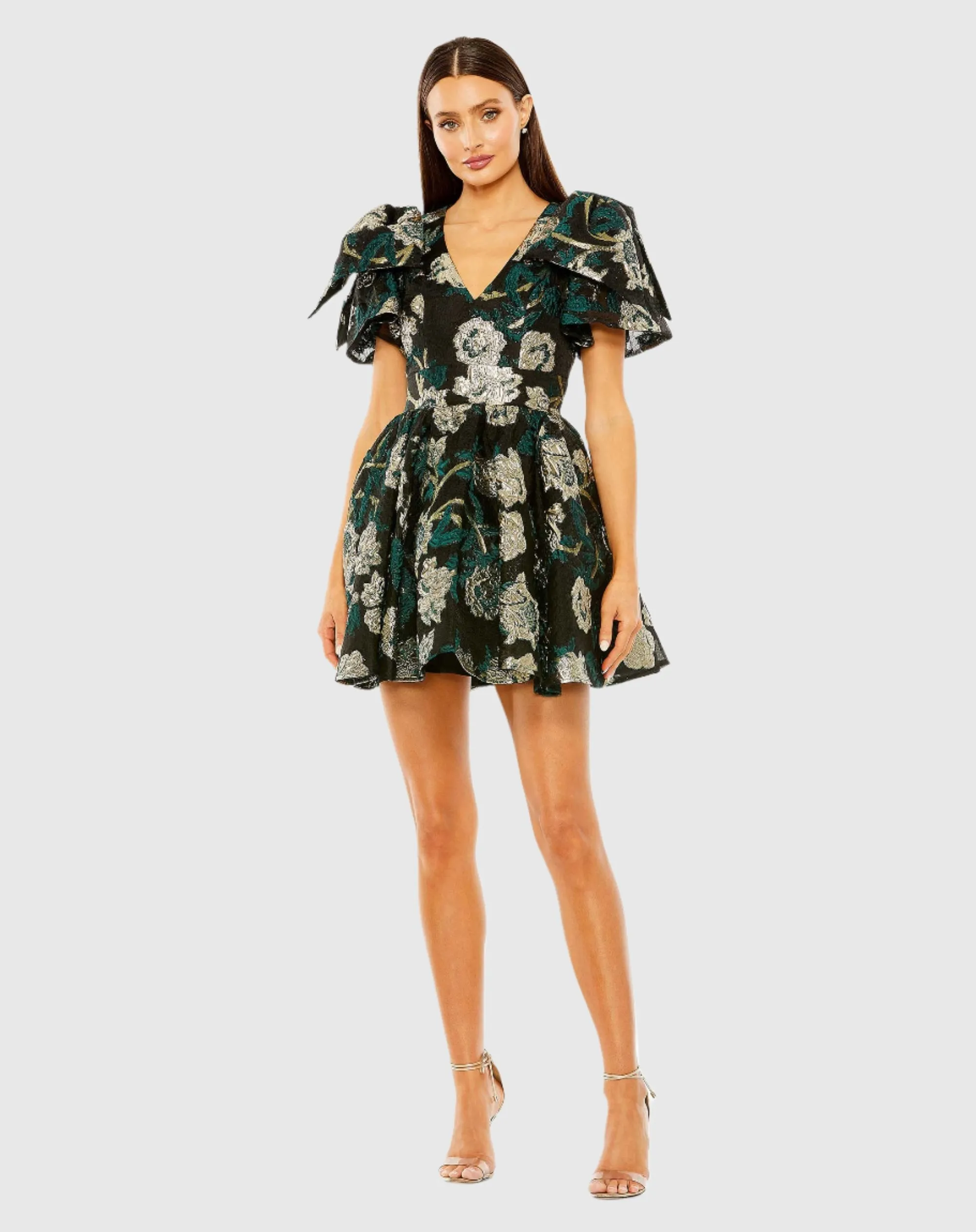 Bow Shoulders Brocade V-Neck Mini Dress with Pockets