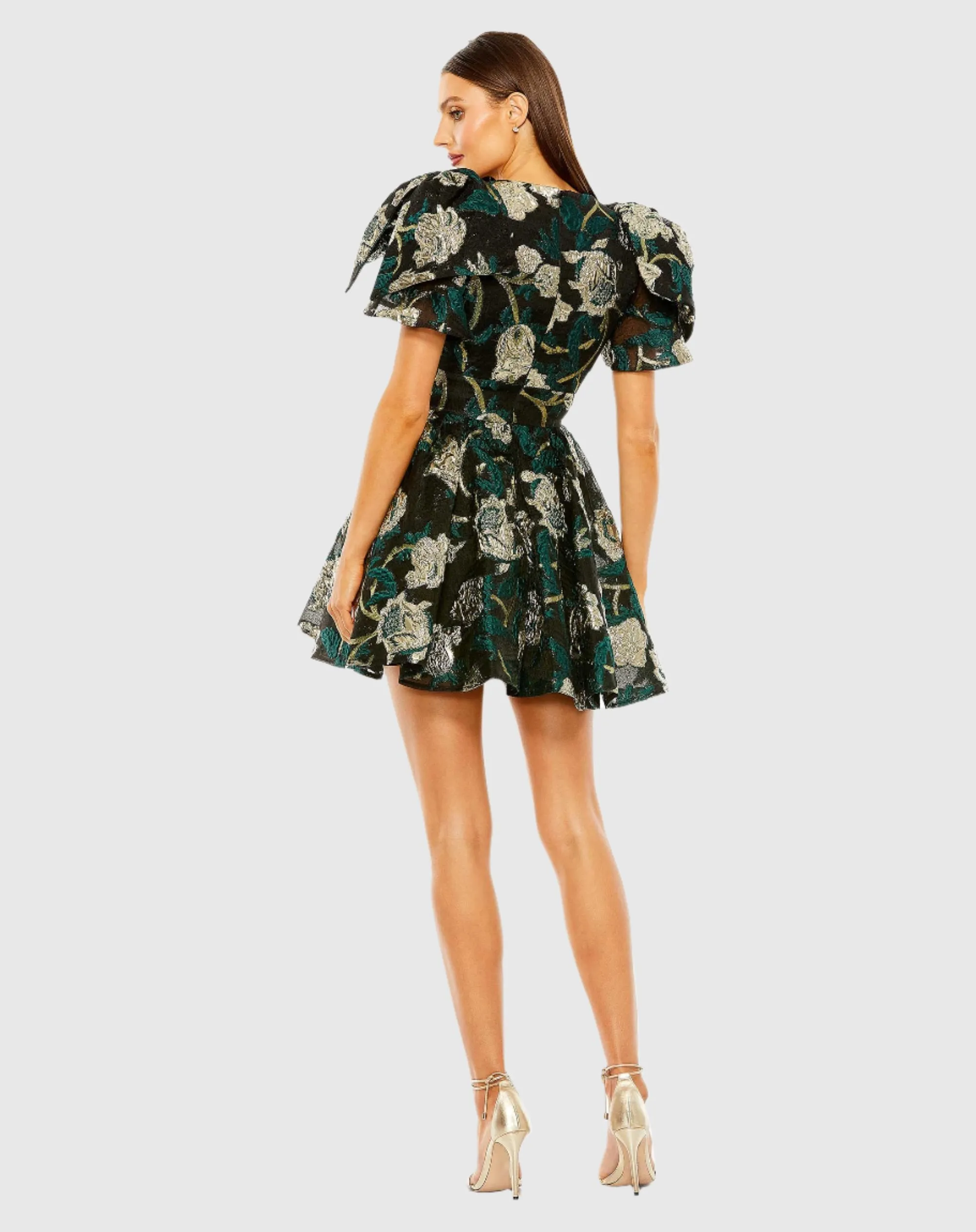 Bow Shoulders Brocade V-Neck Mini Dress with Pockets