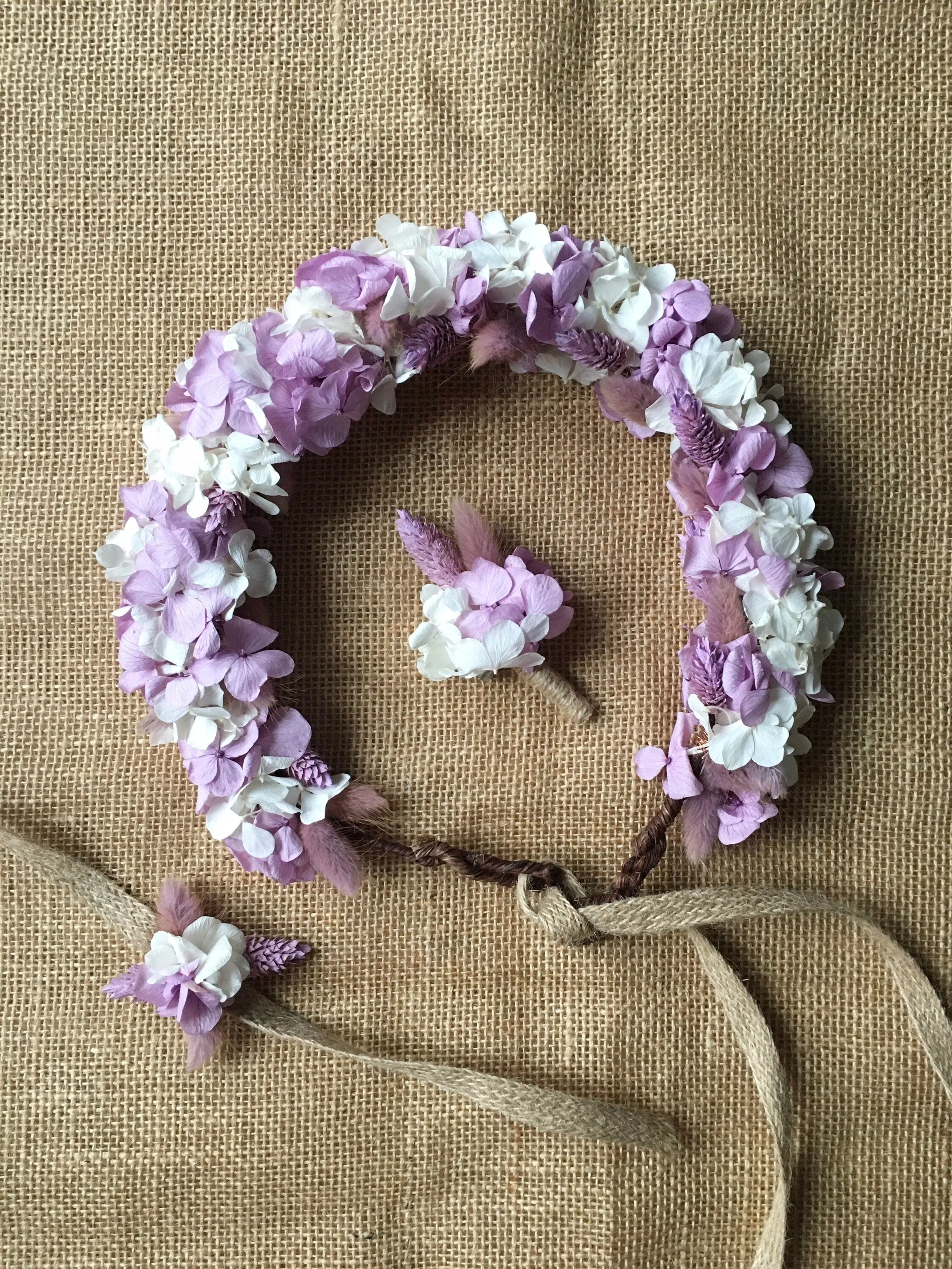 Bridal Accessories Set, Lilac White Wedding Real Flower Crown Buttonhole and Wristlet Set, Dry Flower Girl Tiara, Purple Hair Piece UK