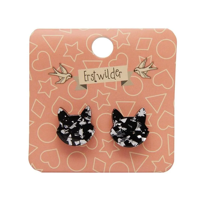 Cat Head Chunky Glitter Resin Stud Earrings - Silver