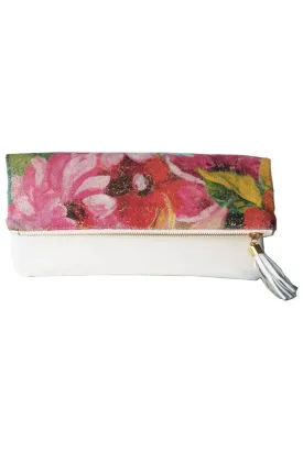 Cece White Embossed Python Reversing to Painted Floral Foldover Clutch