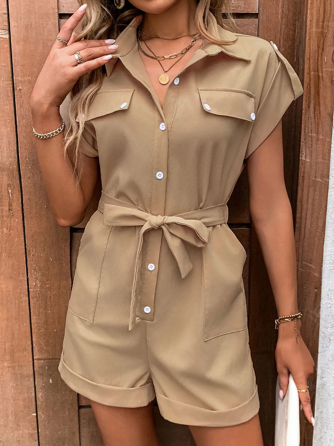 Collared Neck Tie Waist Romper with Pockets