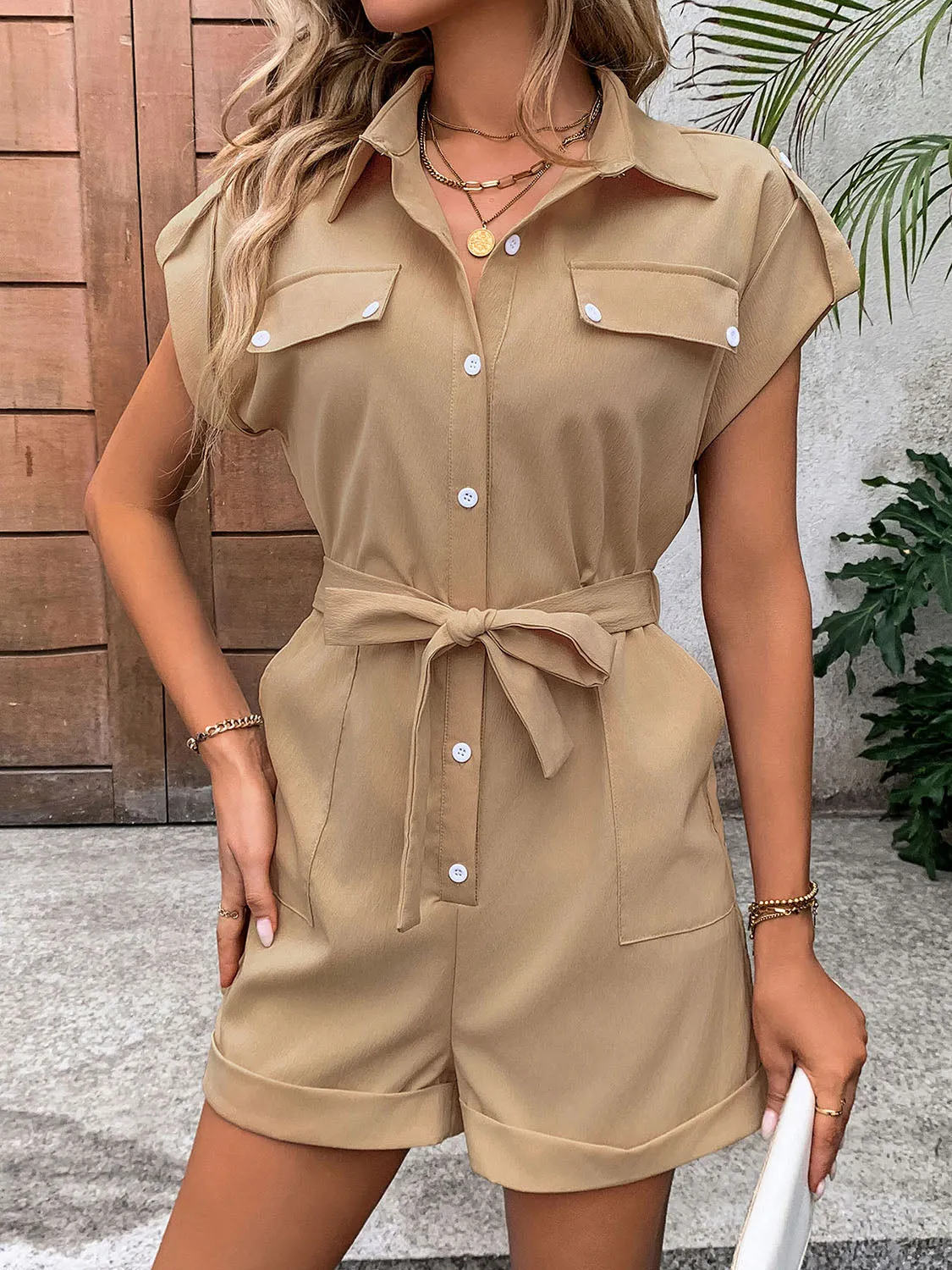 Collared Neck Tie Waist Romper with Pockets