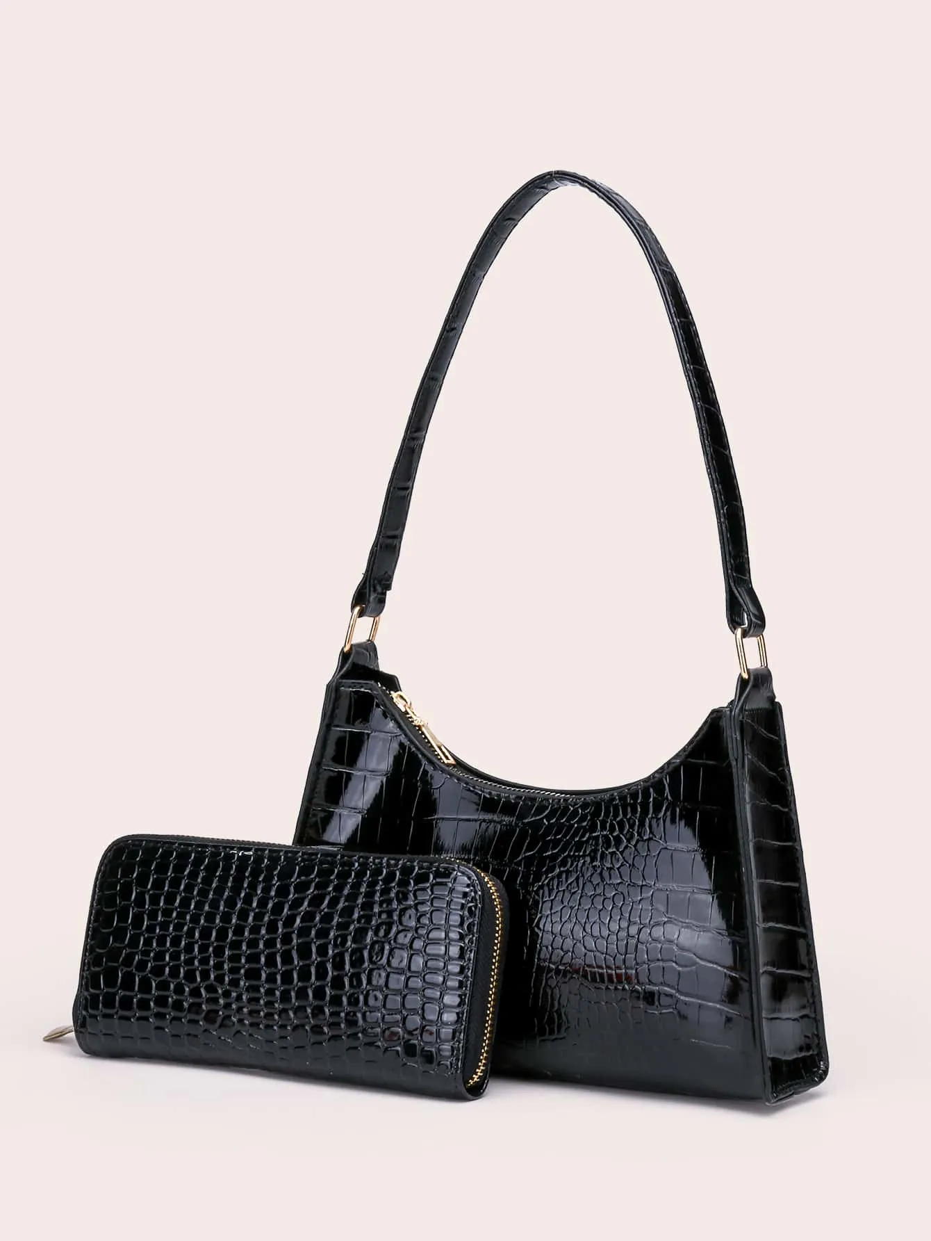 Croc Embossed Baguette Bag With Long Wallet