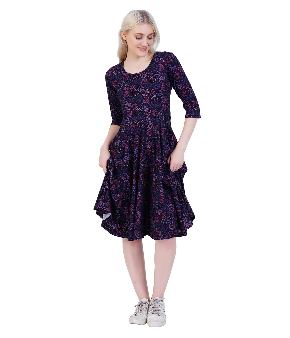 Dice 3/4th Sleeves Twirl Dress (Printed on White) - 4XL