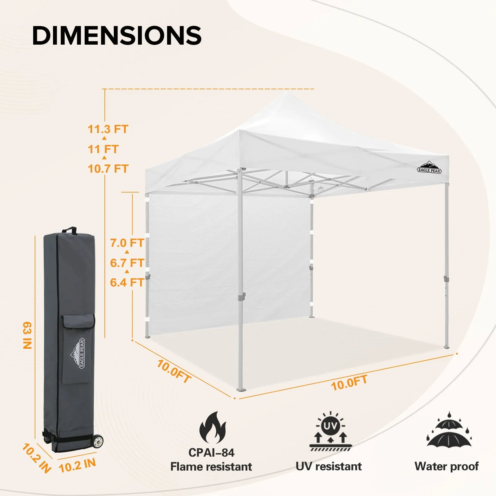 EAGLE PEAK 10x10 Heavy Duty Pop up Commercial Canopy Tent with One Removable Sidewall, Roller Bag, 4 Sandbags, White