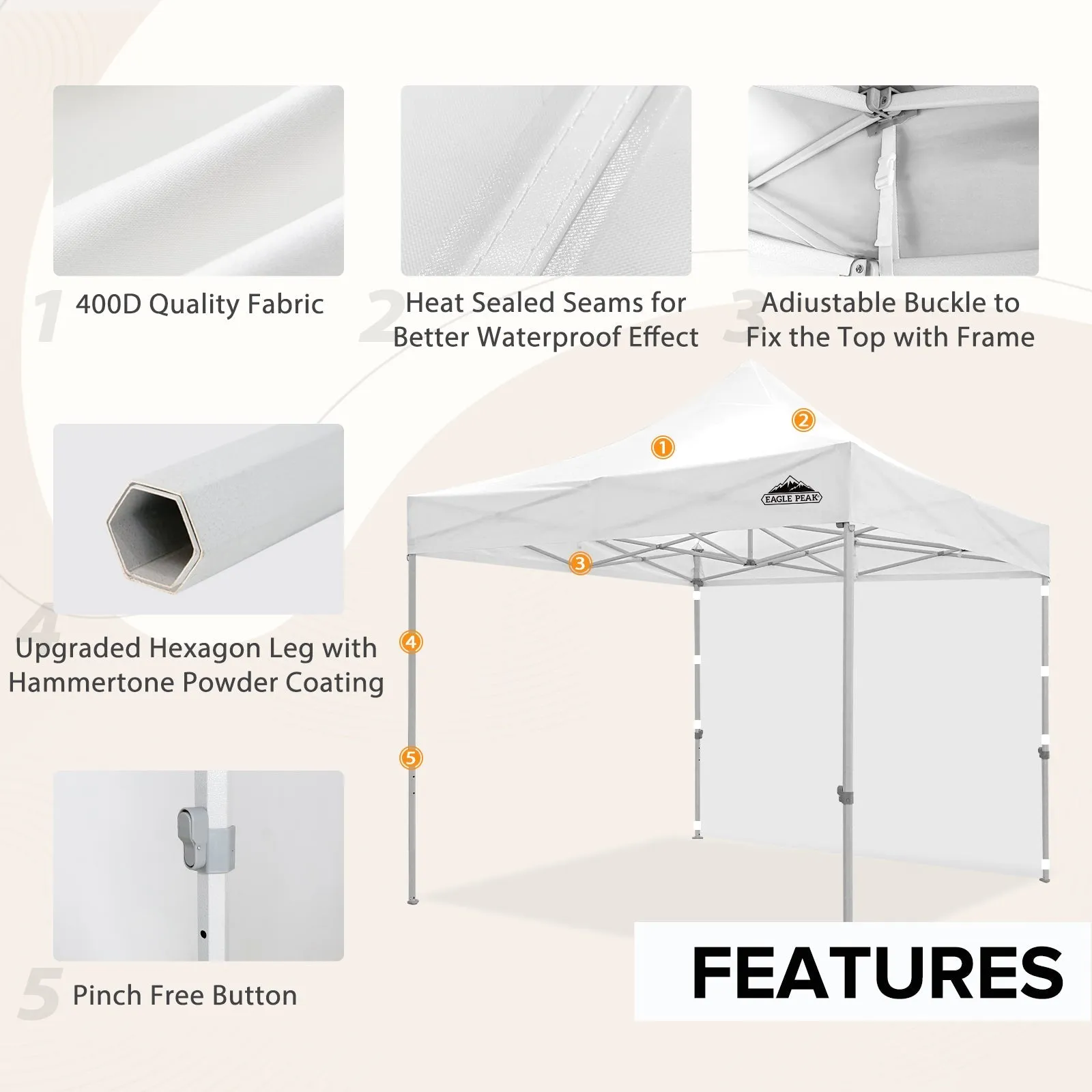 EAGLE PEAK 10x10 Heavy Duty Pop up Commercial Canopy Tent with One Removable Sidewall, Roller Bag, 4 Sandbags, White