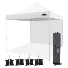 EAGLE PEAK 10x10 Heavy Duty Pop up Commercial Canopy Tent with One Removable Sidewall, Roller Bag, 4 Sandbags, White