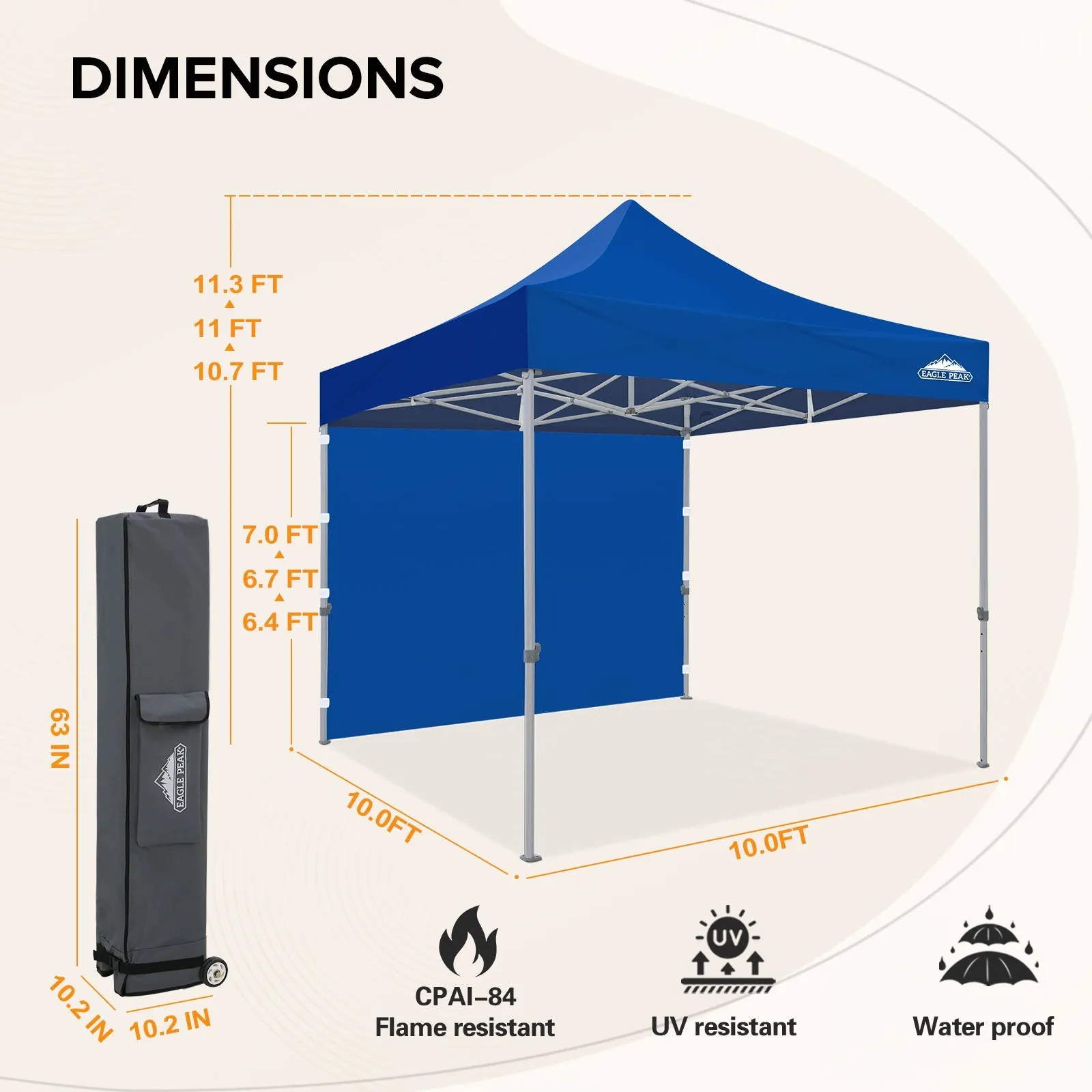 EAGLE PEAK 10x10 Heavy Duty Pop up Commercial Canopy Tent with One Removable Sidewall, Roller Bag, 4 Sandbags, White