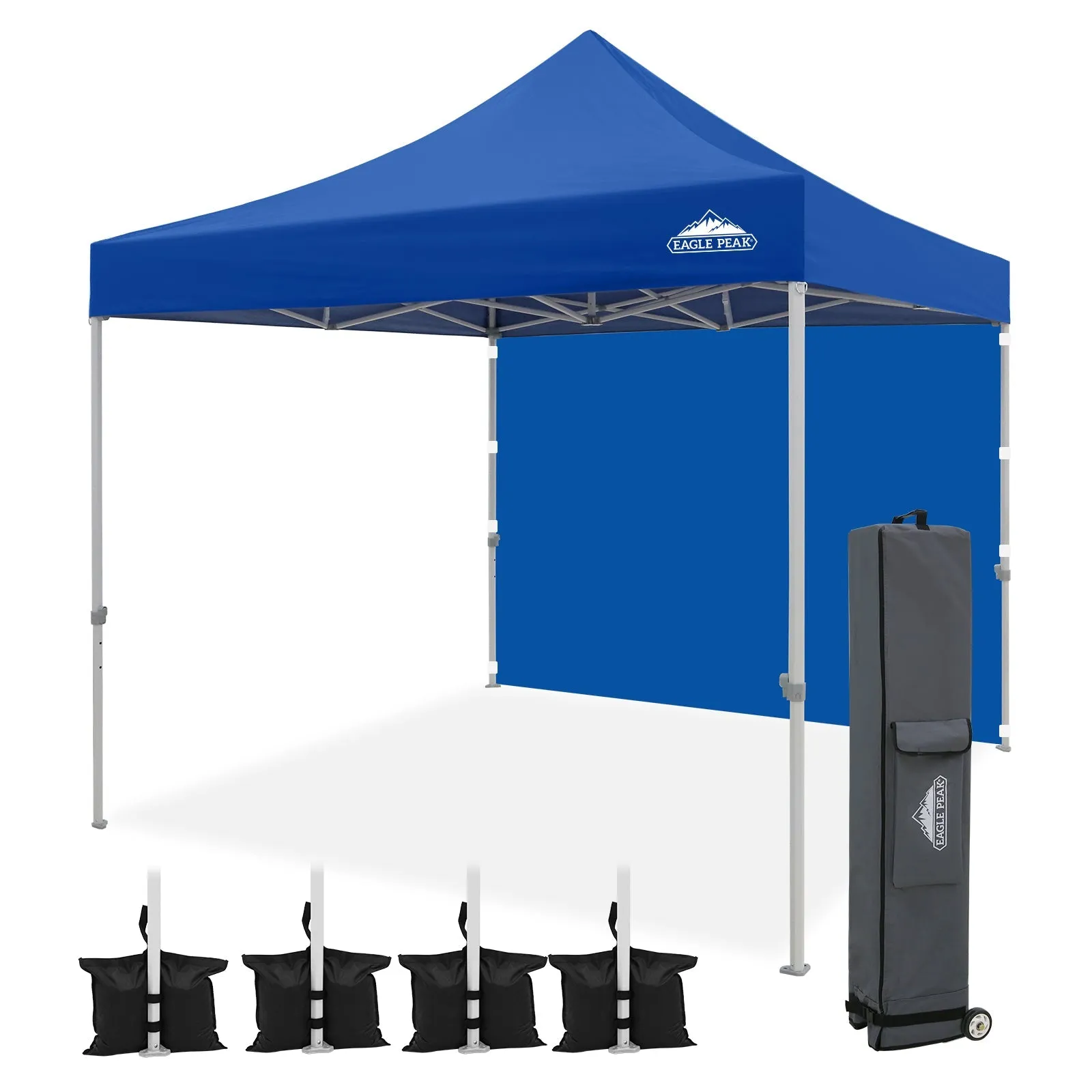 EAGLE PEAK 10x10 Heavy Duty Pop up Commercial Canopy Tent with One Removable Sidewall, Roller Bag, 4 Sandbags, White