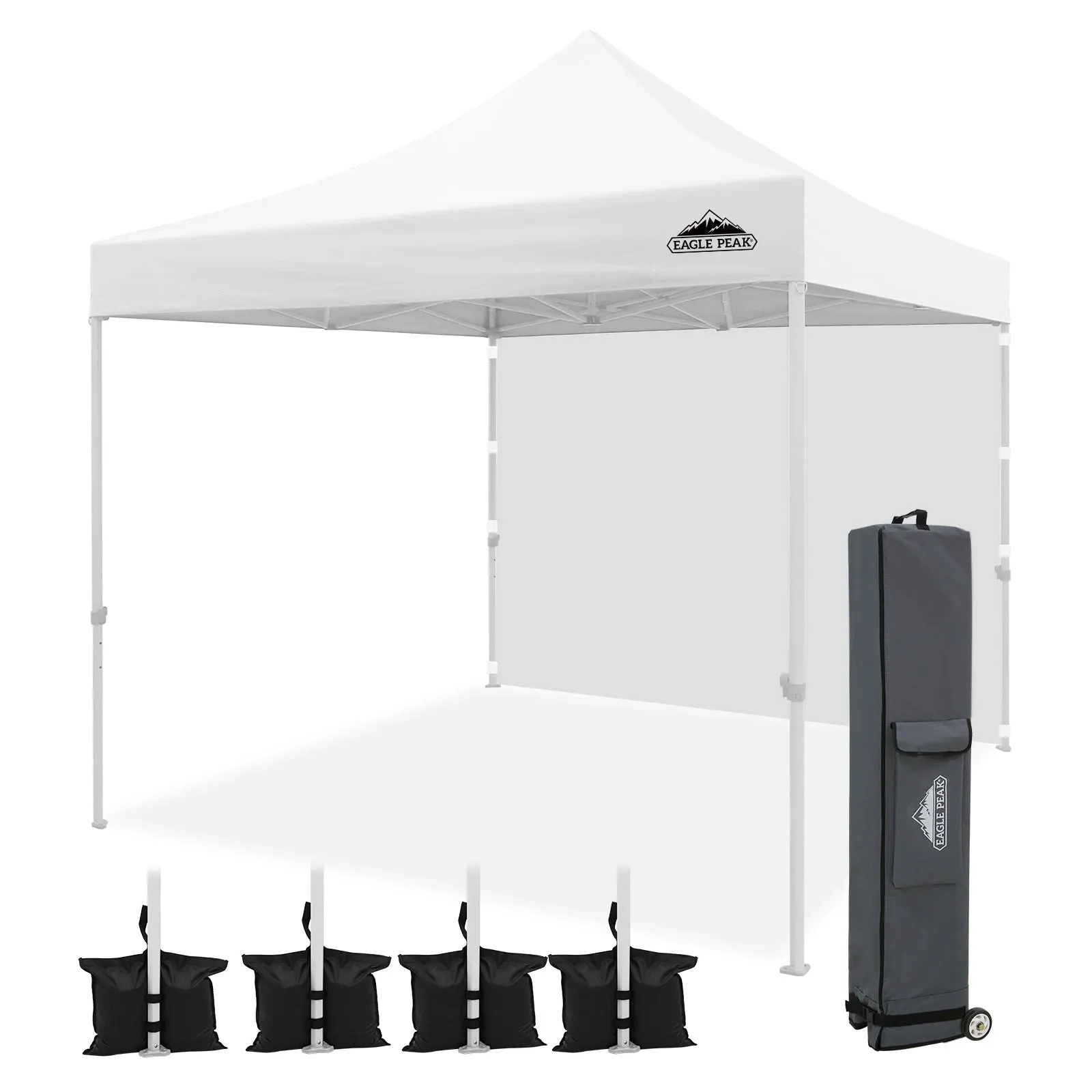 EAGLE PEAK 10x10 Heavy Duty Pop up Commercial Canopy Tent with One Removable Sidewall, Roller Bag, 4 Sandbags, White