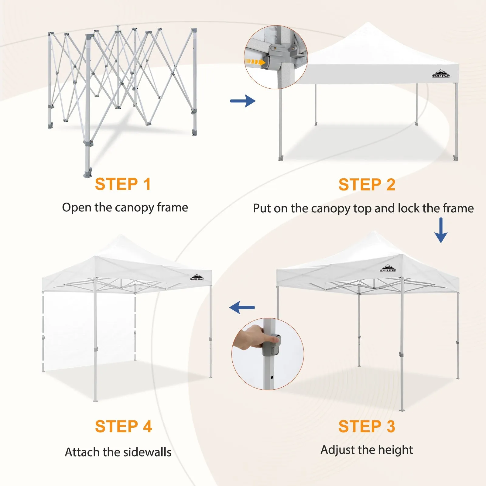 EAGLE PEAK 10x10 Heavy Duty Pop up Commercial Canopy Tent with One Removable Sidewall, Roller Bag, 4 Sandbags, White