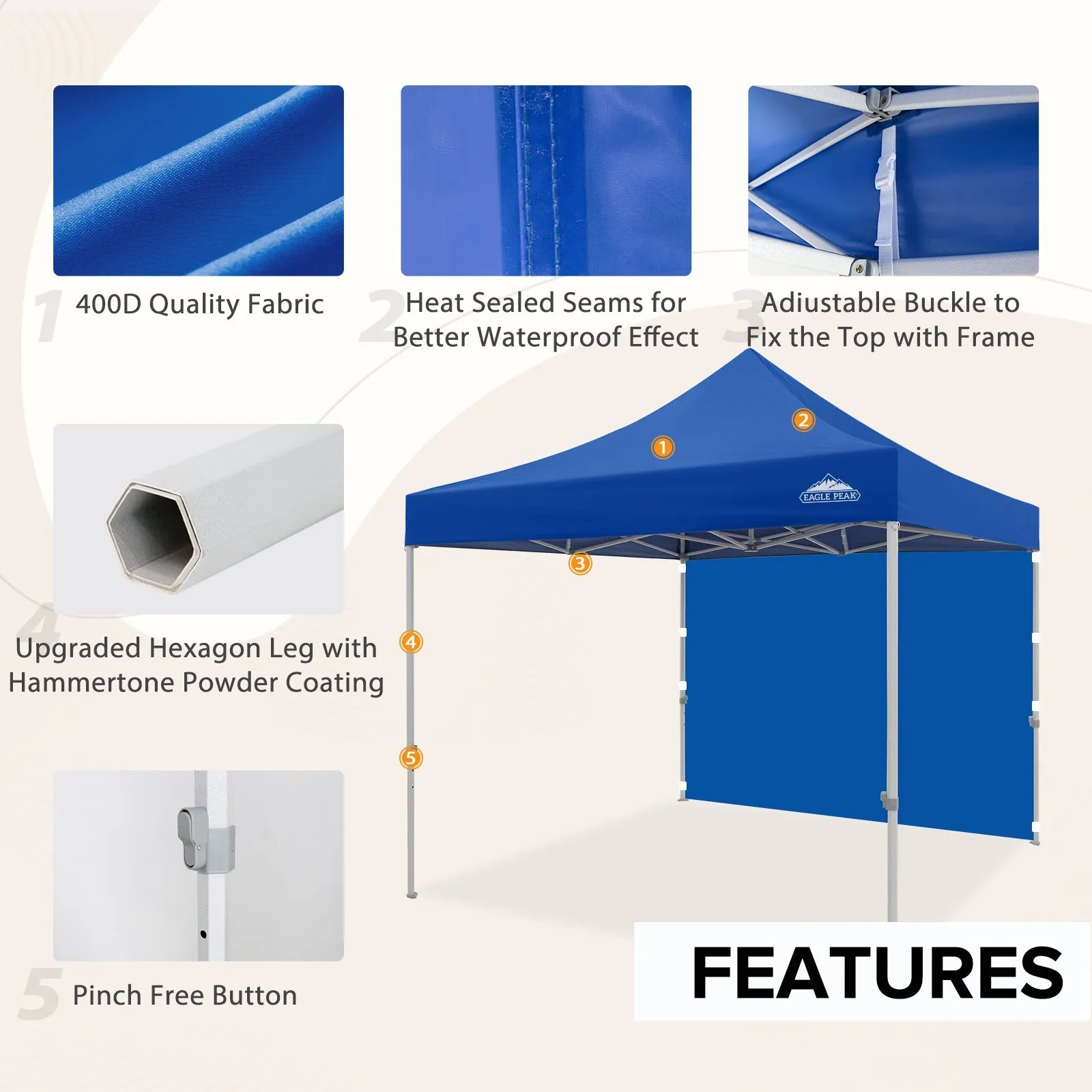 EAGLE PEAK 10x10 Heavy Duty Pop up Commercial Canopy Tent with One Removable Sidewall, Roller Bag, 4 Sandbags, White