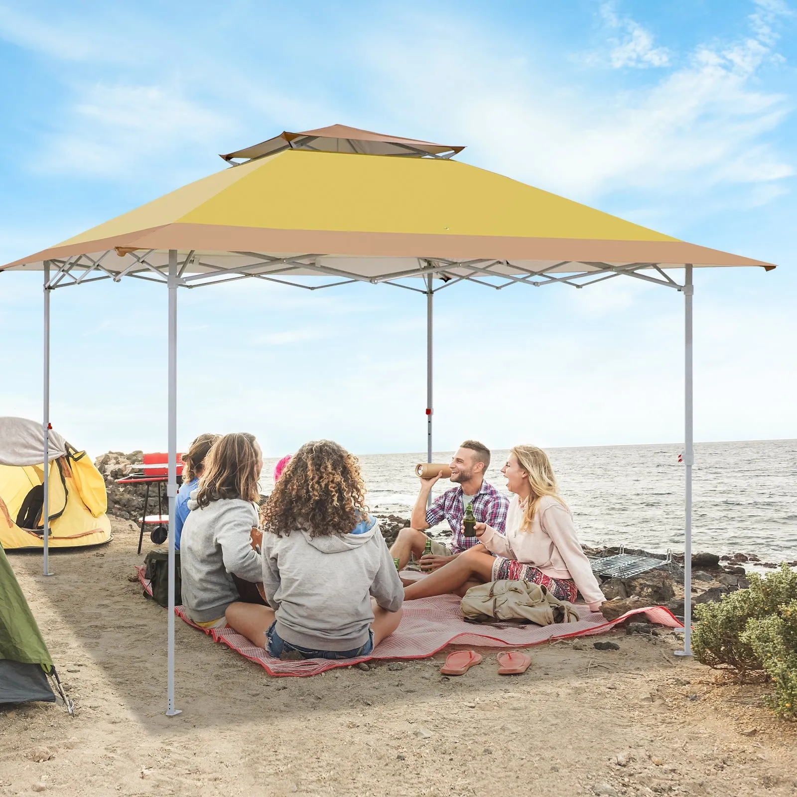 EAGLE PEAK 12x12 Pop up Canopy Tent, Easy Set up Folding Shelter with Auto Extending Awning 144 Square Feet Sun Shade, Beige