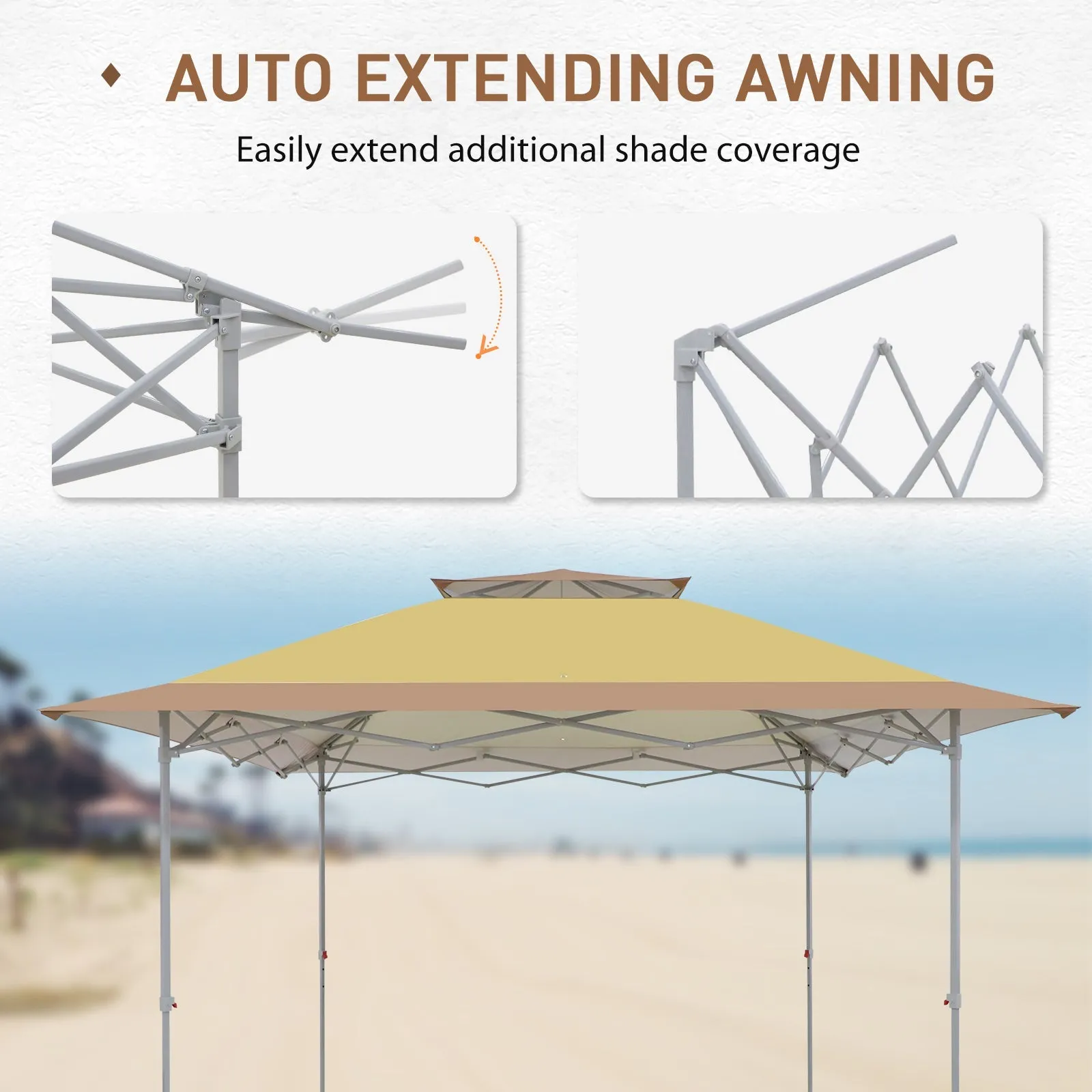 EAGLE PEAK 12x12 Pop up Canopy Tent, Easy Set up Folding Shelter with Auto Extending Awning 144 Square Feet Sun Shade, Beige