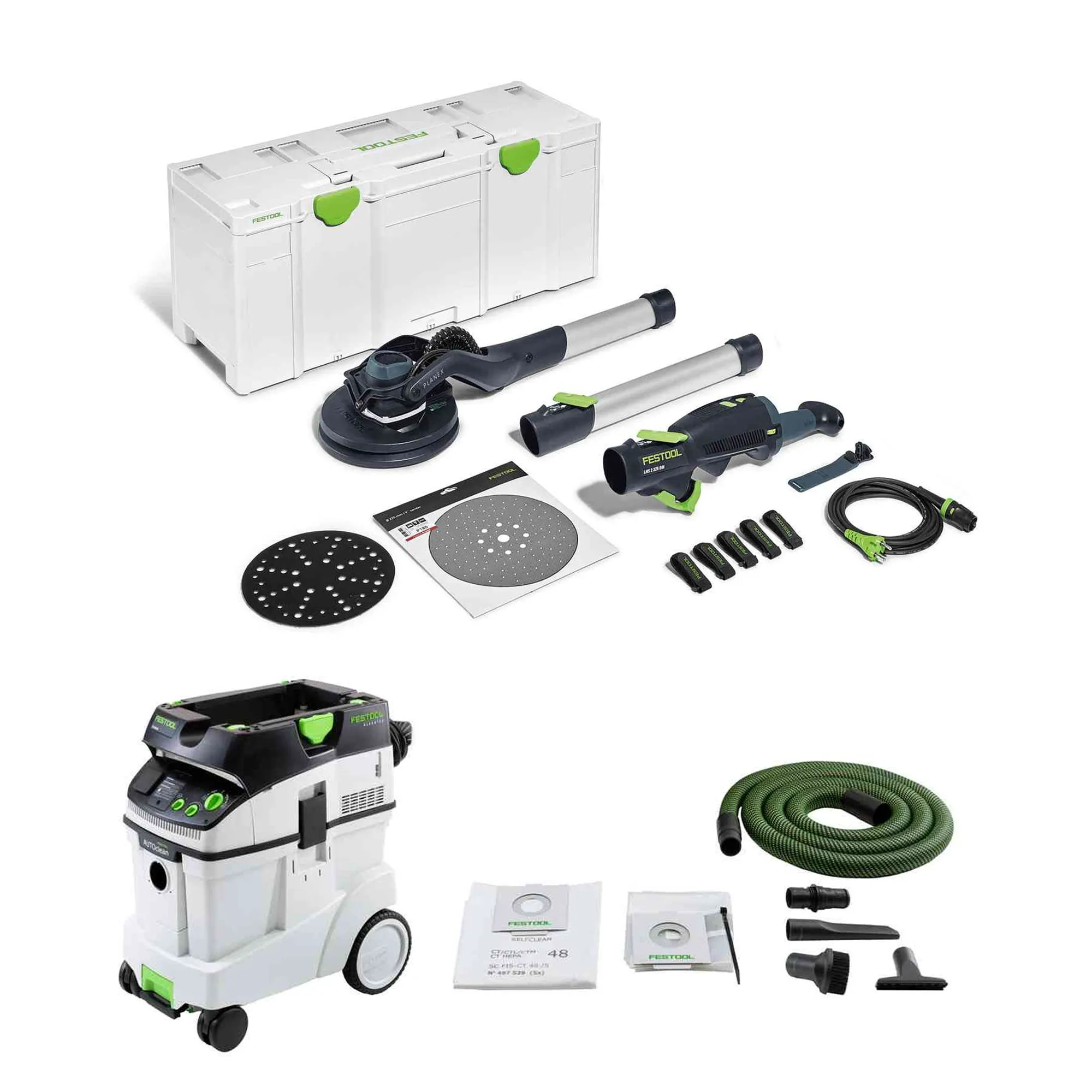 Festool Planex 2.0 Drywall Sander LHS 225 EQI-Plus and Dust Extractor with Autoclean CT 48 E AC Combo Package