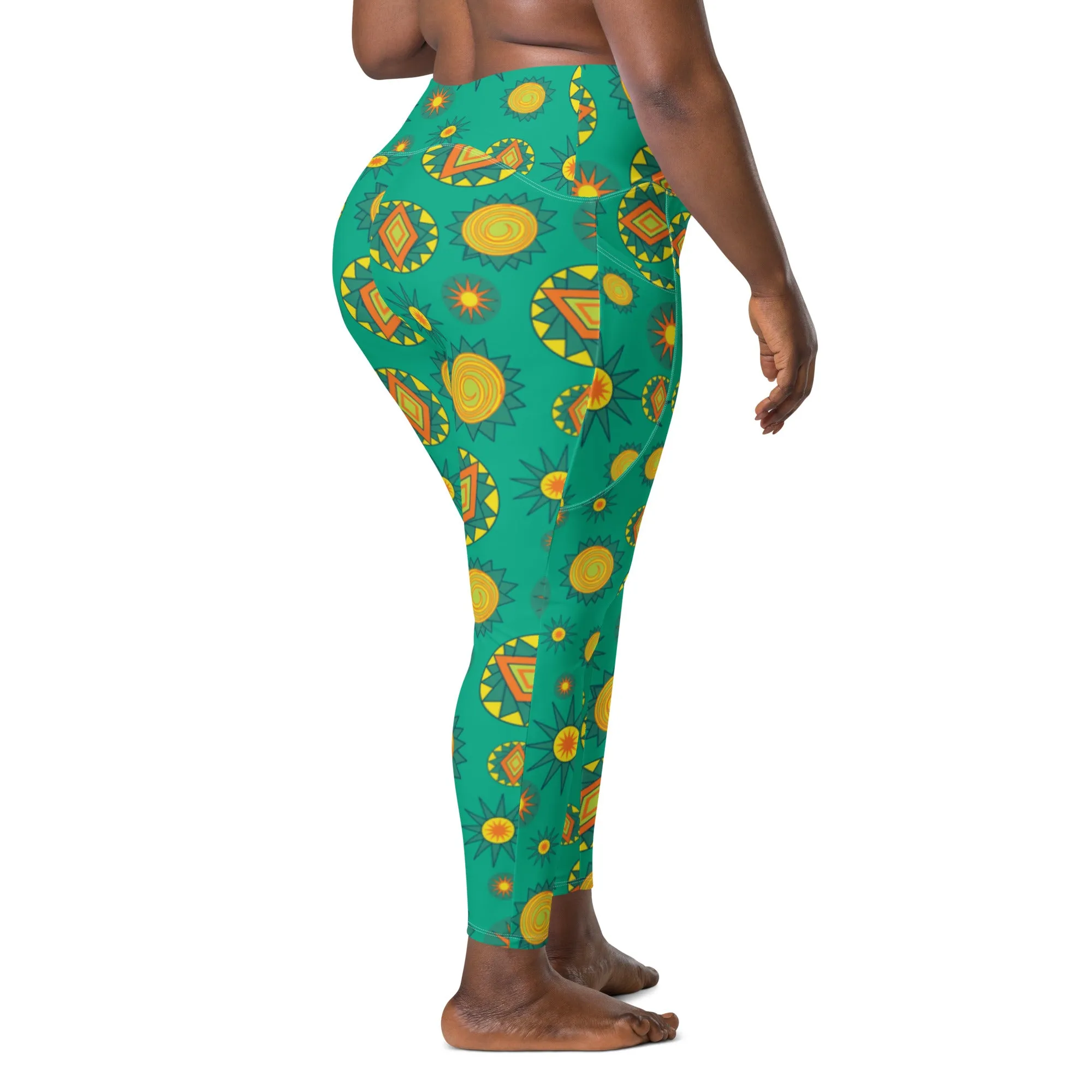 Green Bursts Crossover leggings with pockets