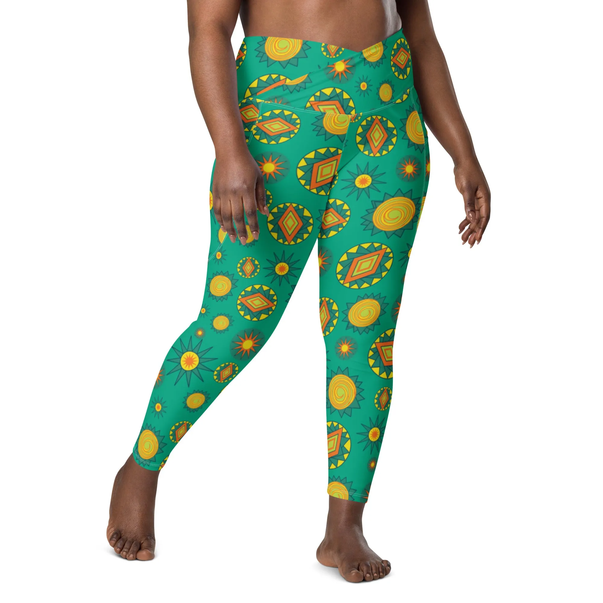 Green Bursts Crossover leggings with pockets