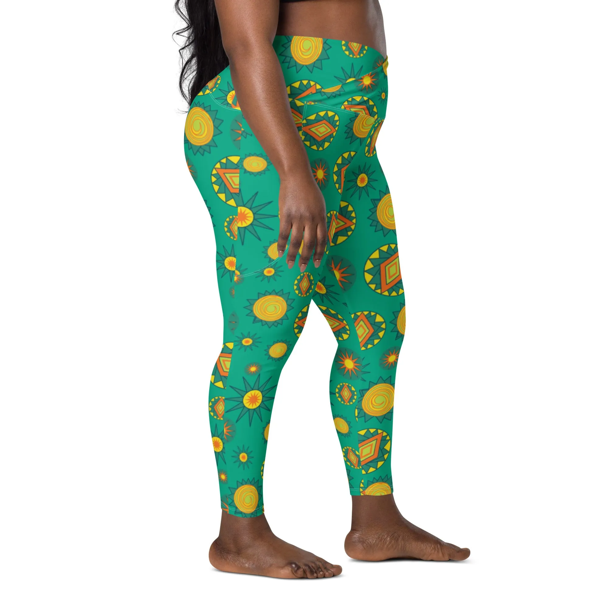 Green Bursts Crossover leggings with pockets