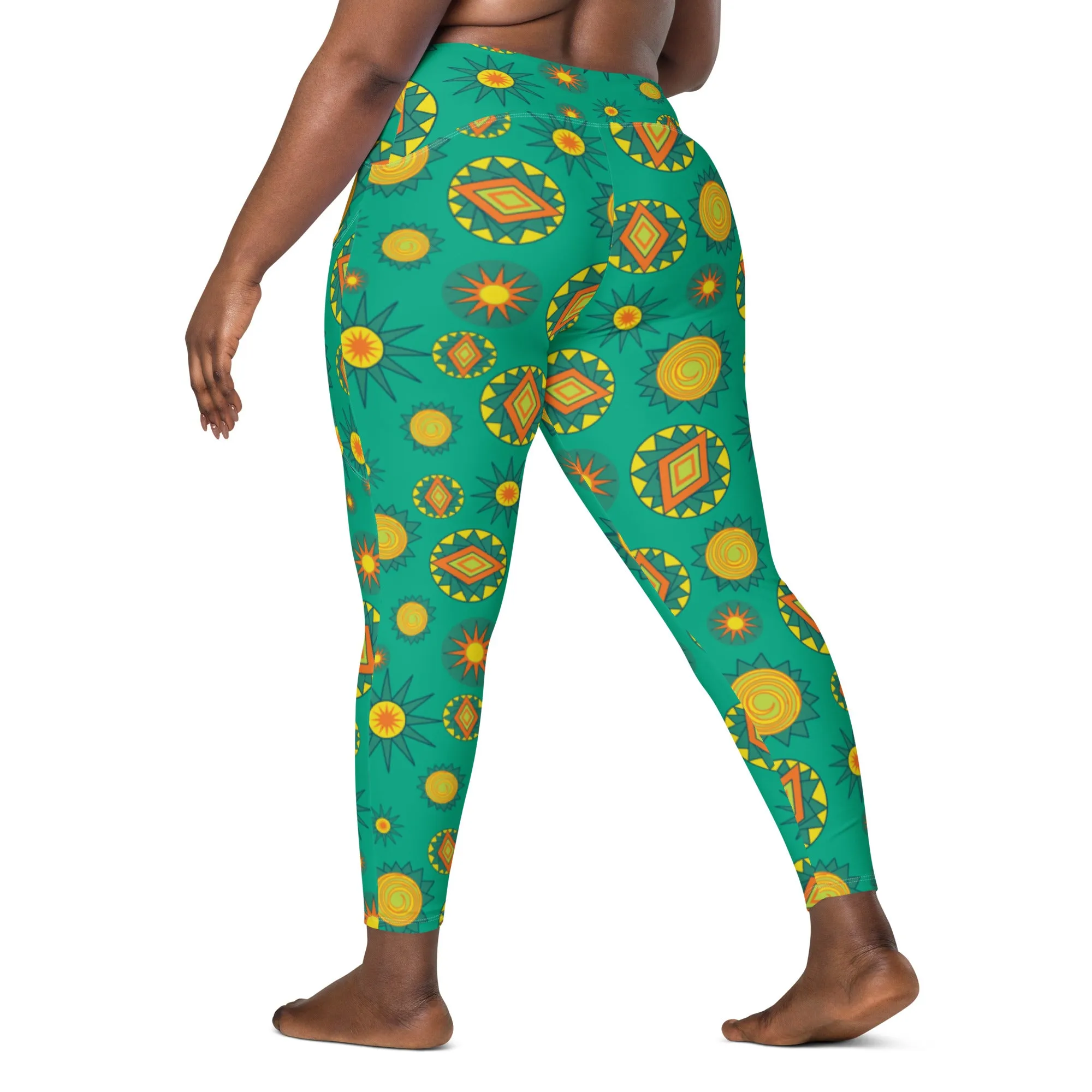 Green Bursts Crossover leggings with pockets