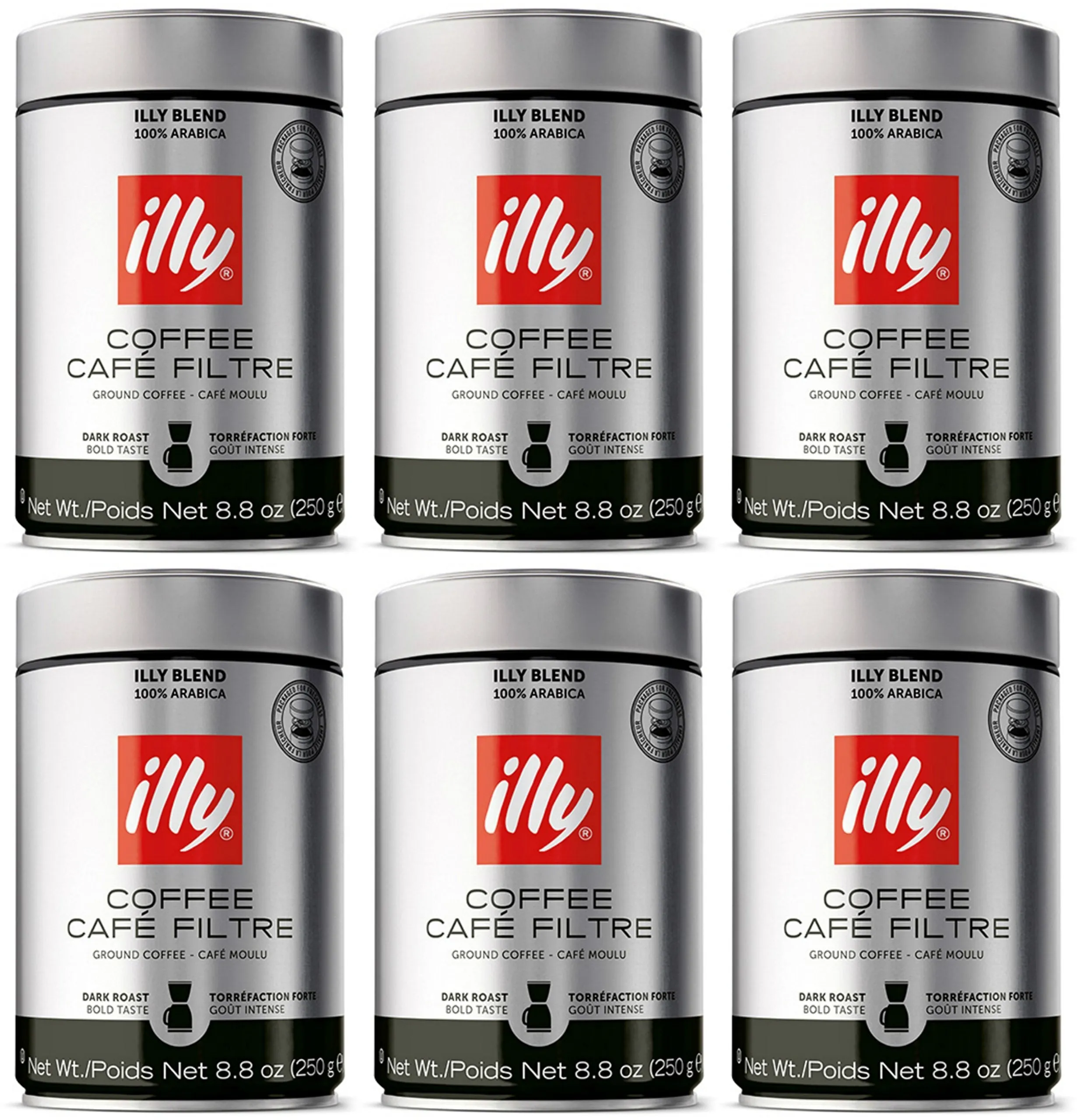 illy Caffe Scuro Drip Grind (Dark Roast, Brown Band), 8.8-Ounce Tins (Pack of 6)