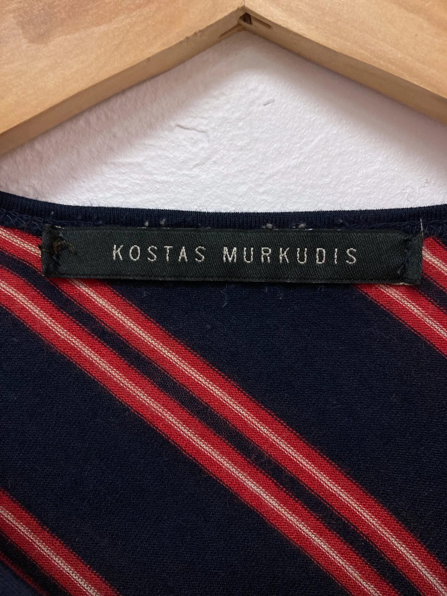 Kostas Murkudis navy red striped wool organza abdomen pocket long sleeve top - S