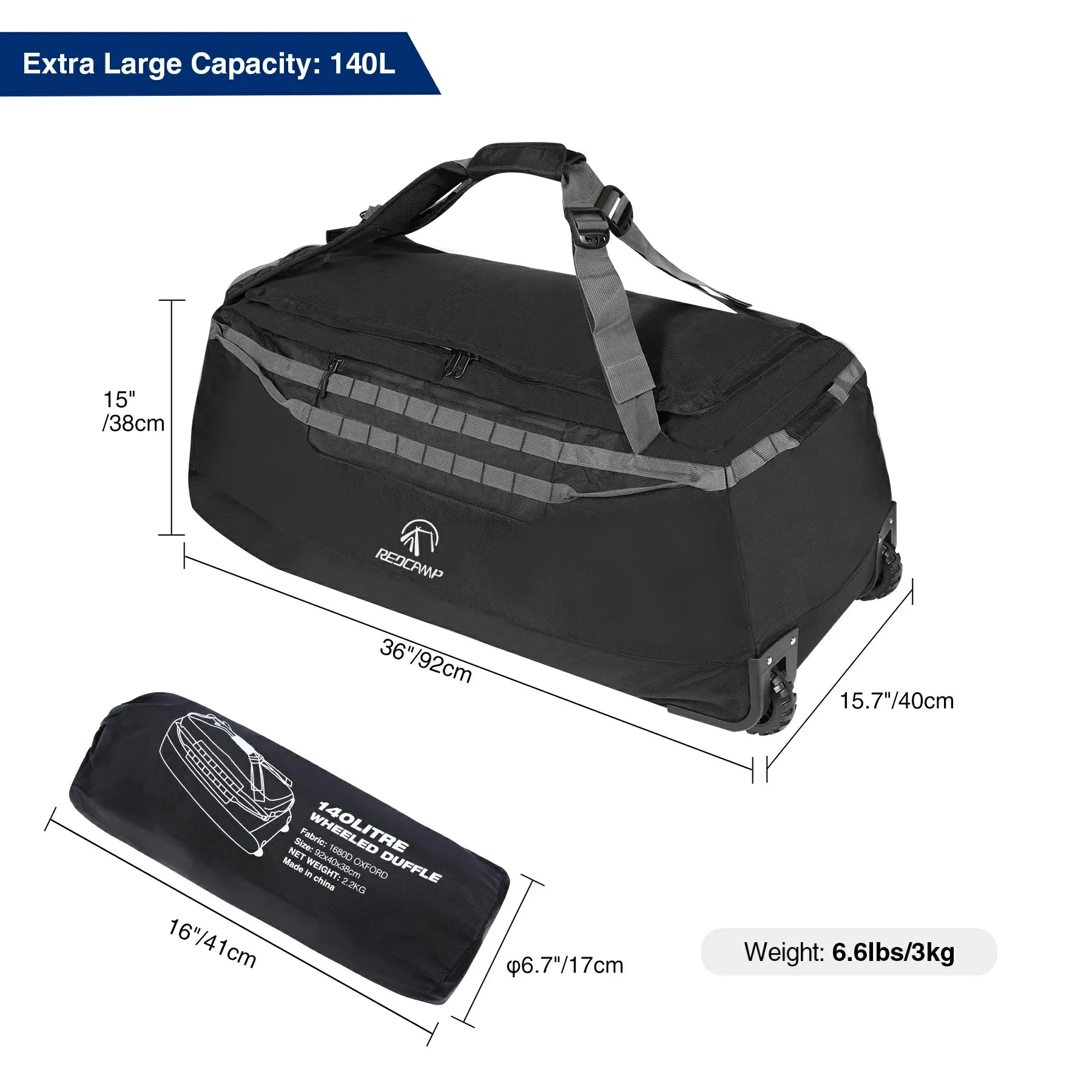 Large Duffle Bag with Wheels and Backpack Straps 100/120/140L