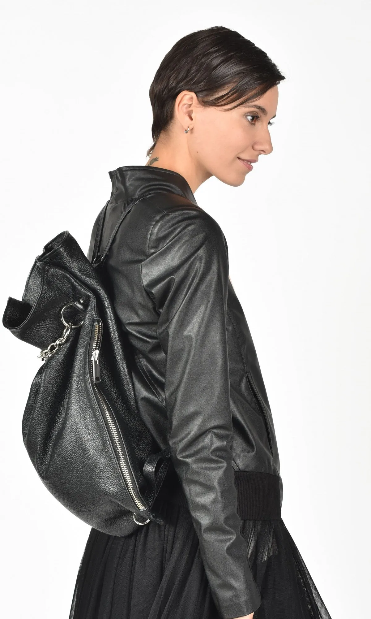 Leather Bucket Backpack with Chain