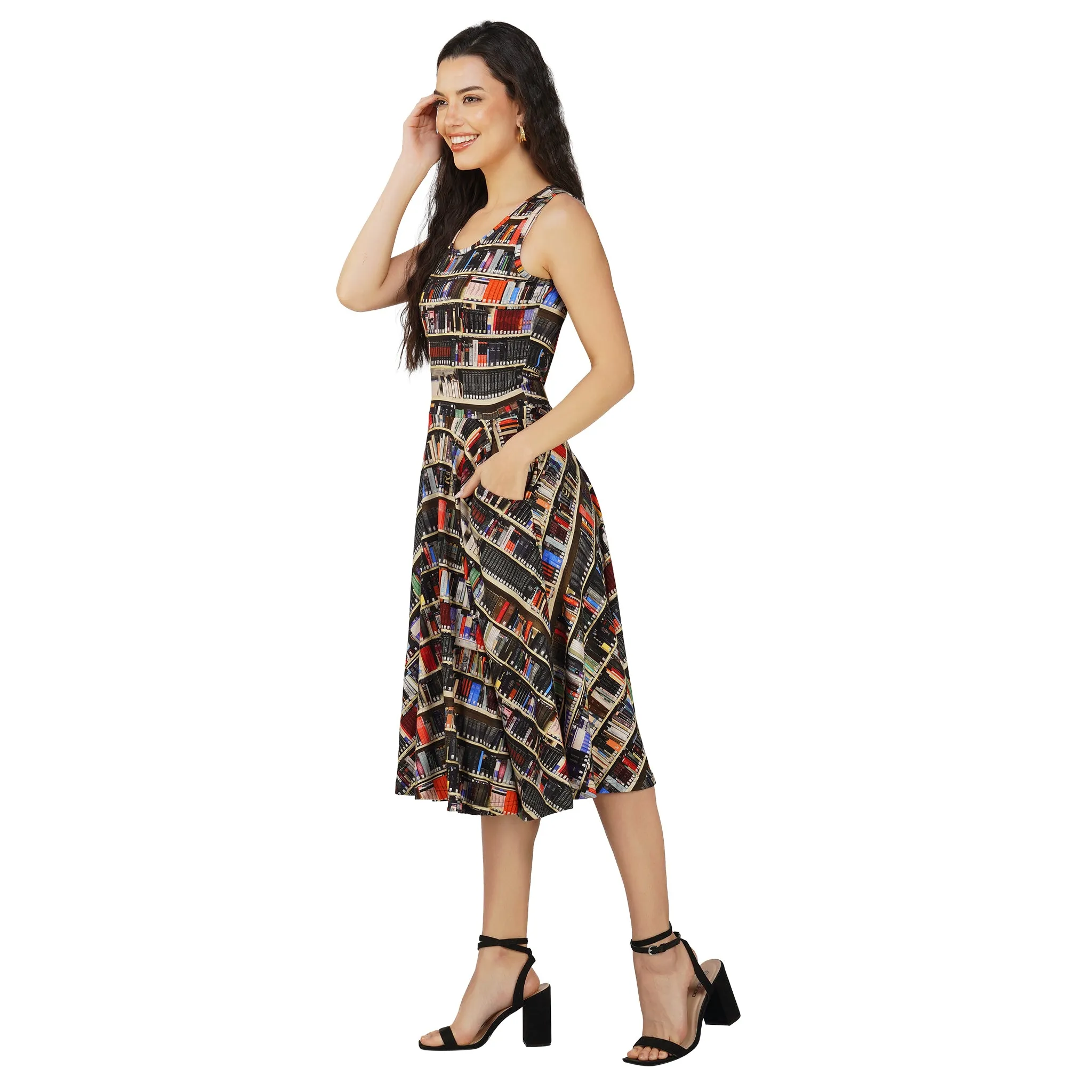 Library Shelves Sleeveless Twirl Dress