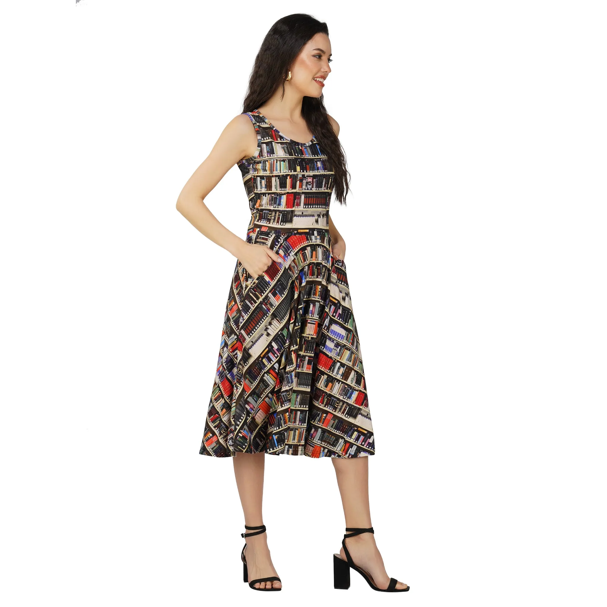 Library Shelves Sleeveless Twirl Dress