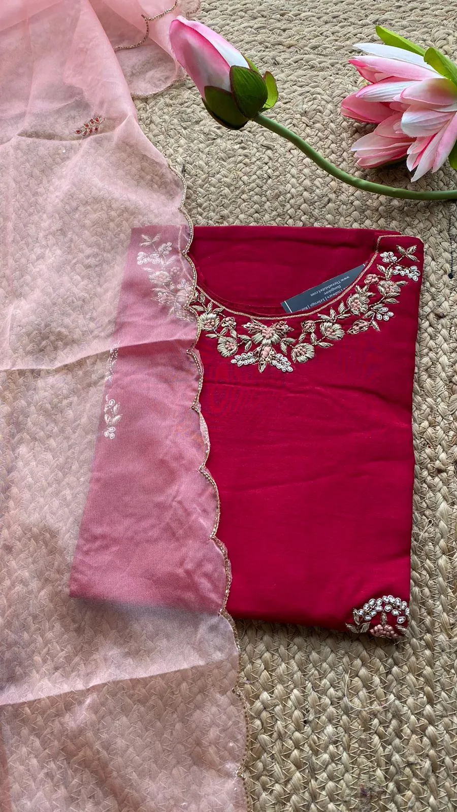 Maroon muslin silk embroidery hand worked 2 piece kurti set