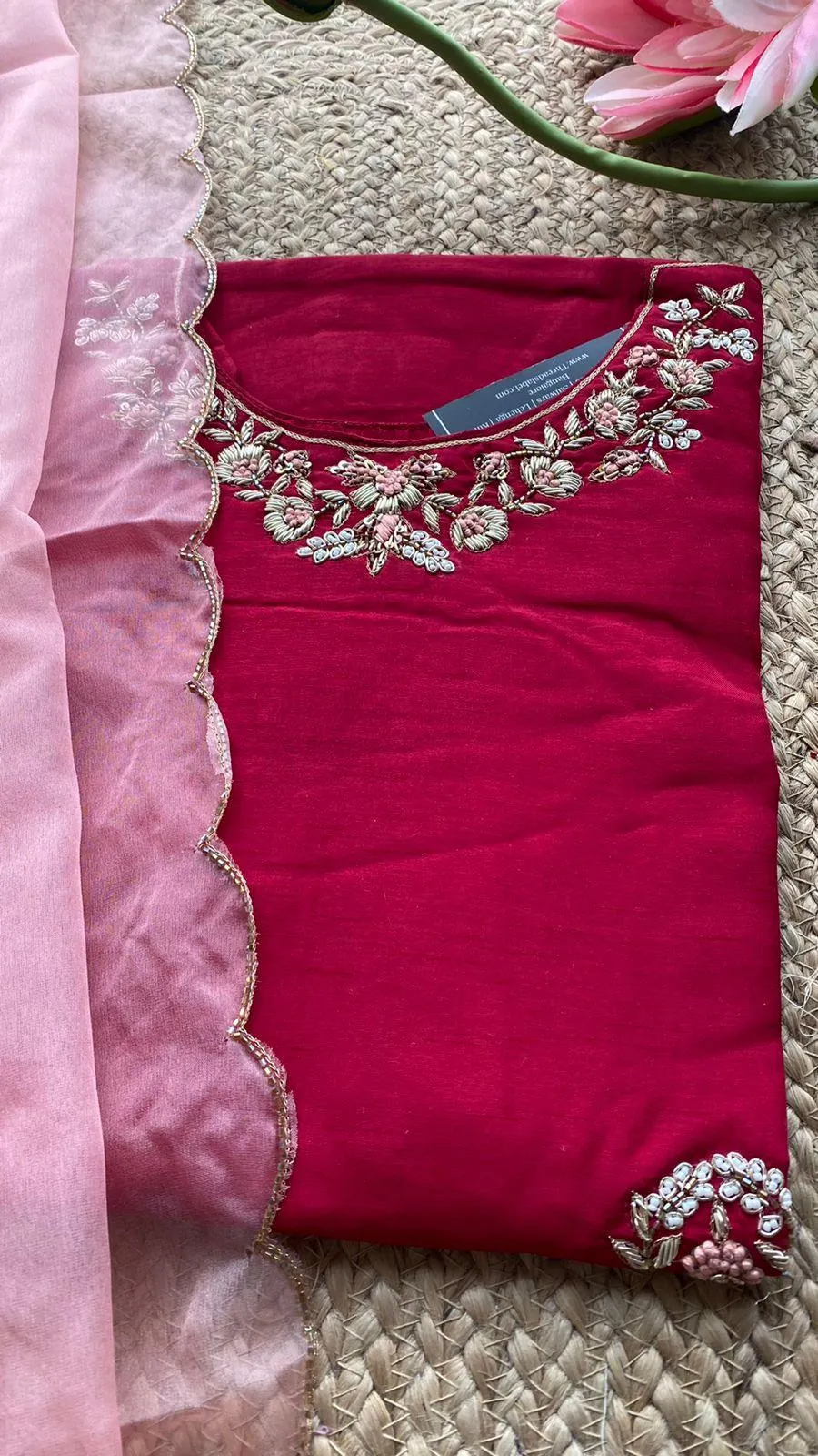 Maroon muslin silk embroidery hand worked 2 piece kurti set