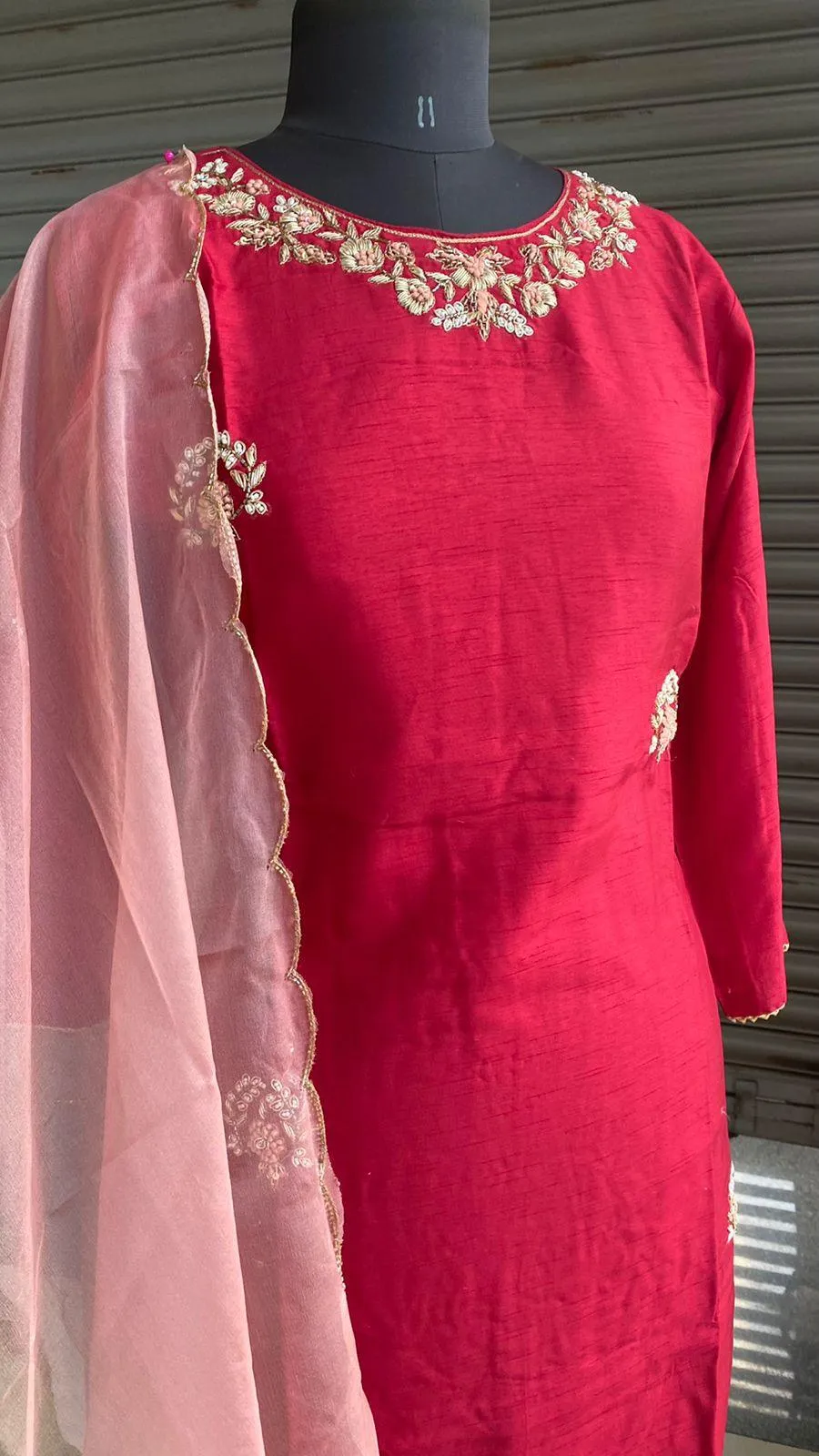 Maroon muslin silk embroidery hand worked 2 piece kurti set