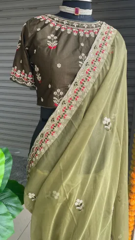 Mehandi green organza saree with silk embroidery blouse