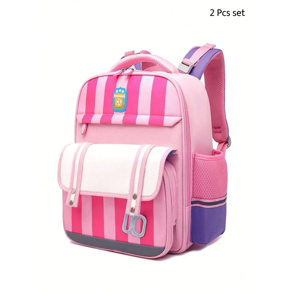 Pink Bold Stripes Insulated Lunchbag & Ergonomic School Backpack for Kids