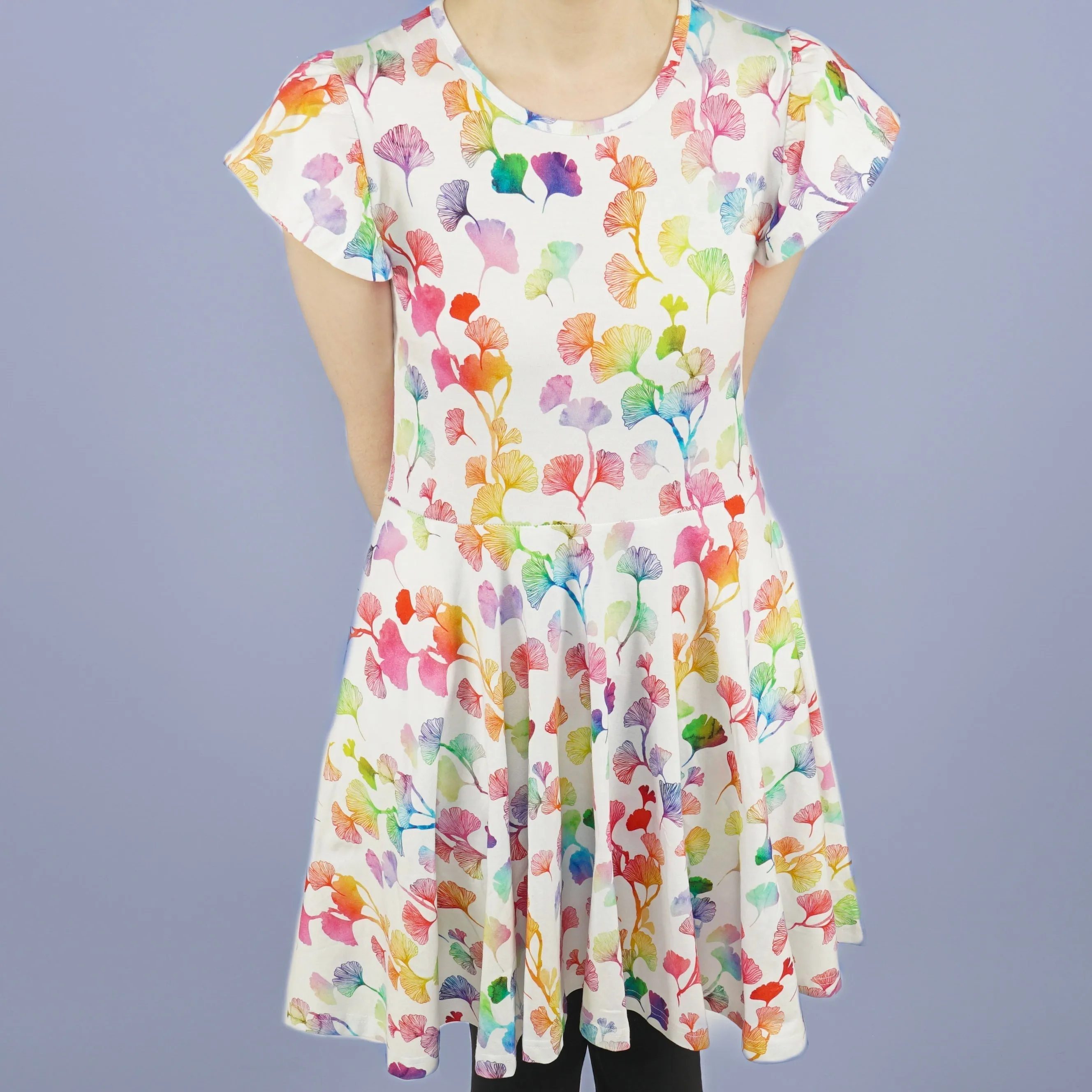 Rainbow Ginkgo Leaves Kids Twirl Dress