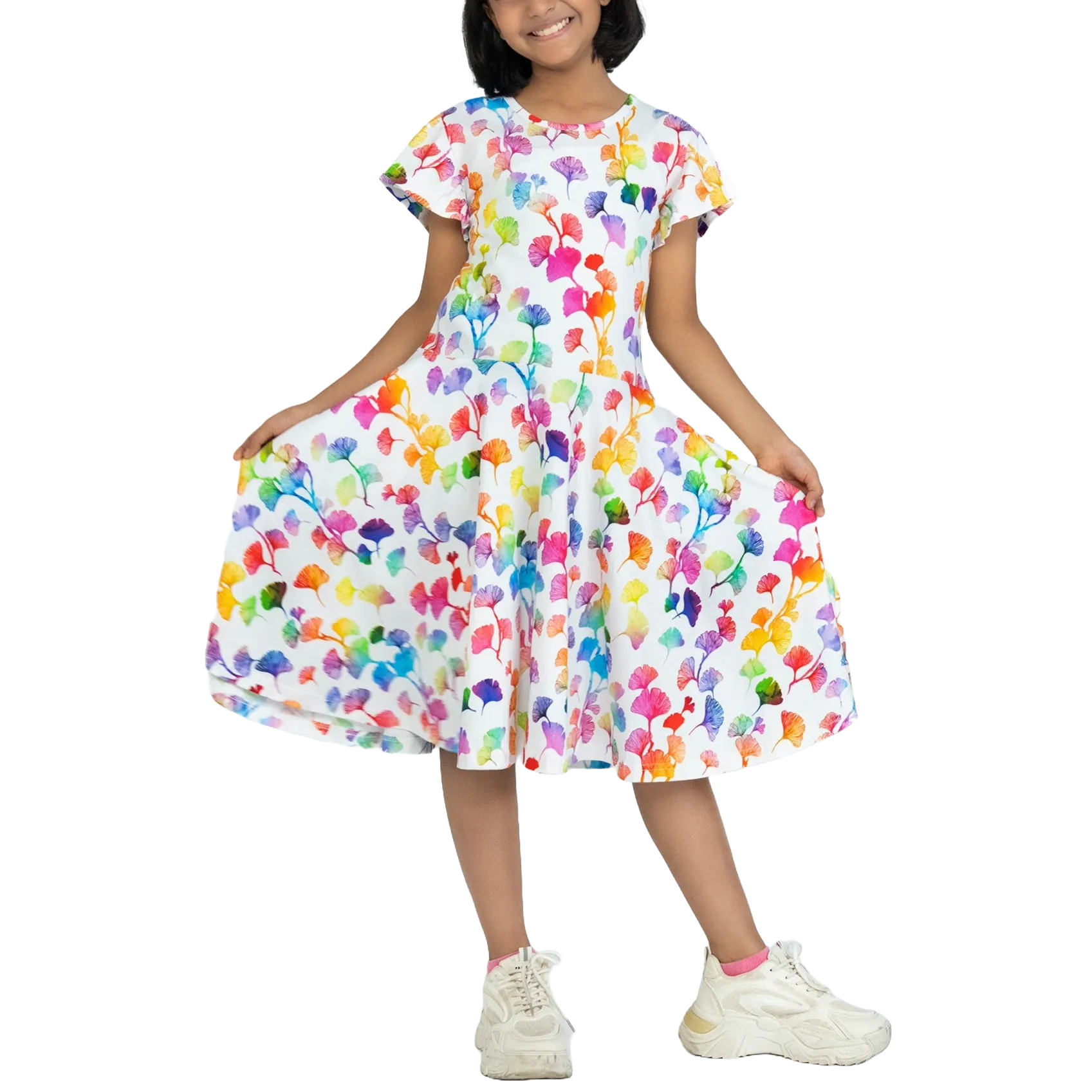 Rainbow Ginkgo Leaves Kids Twirl Dress