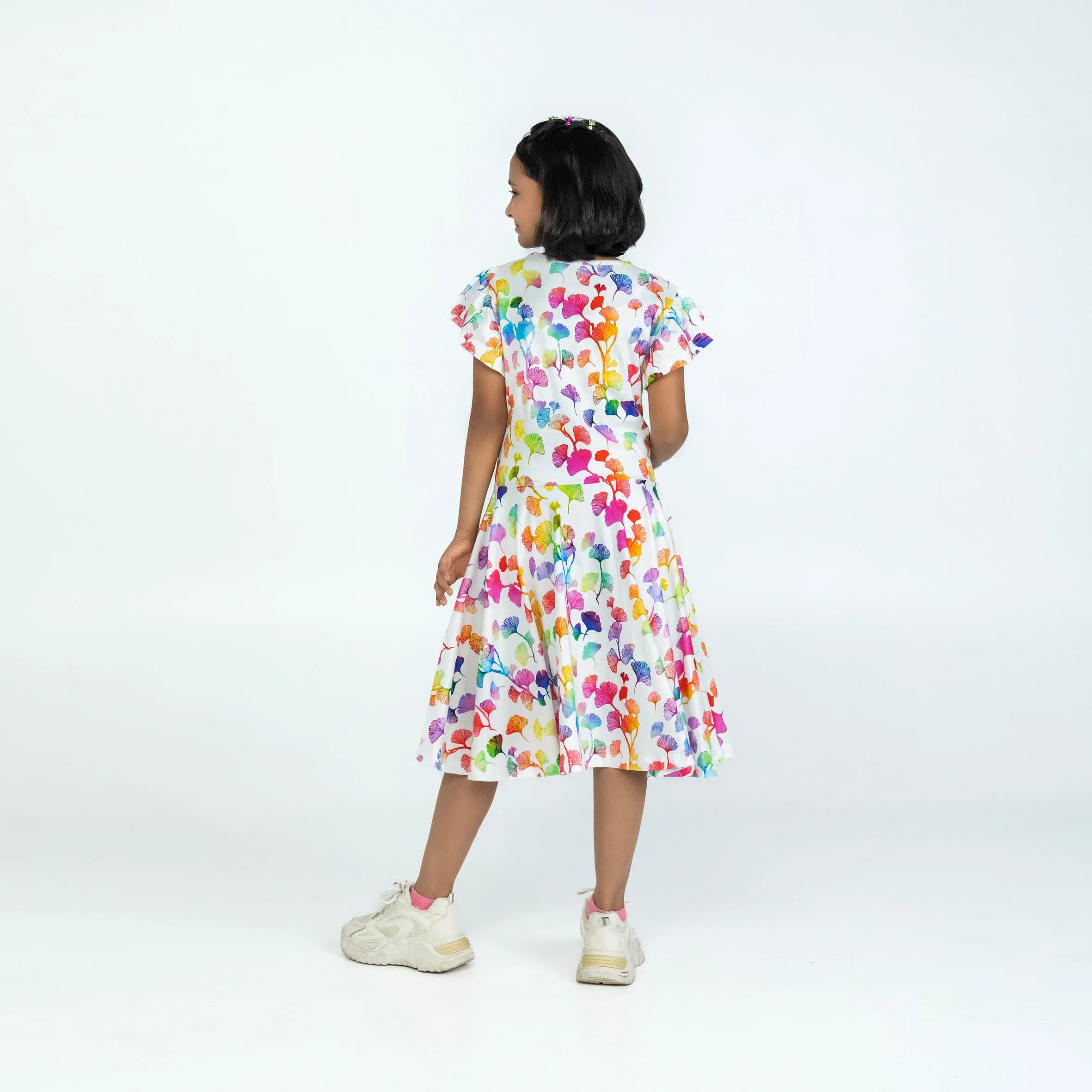 Rainbow Ginkgo Leaves Kids Twirl Dress